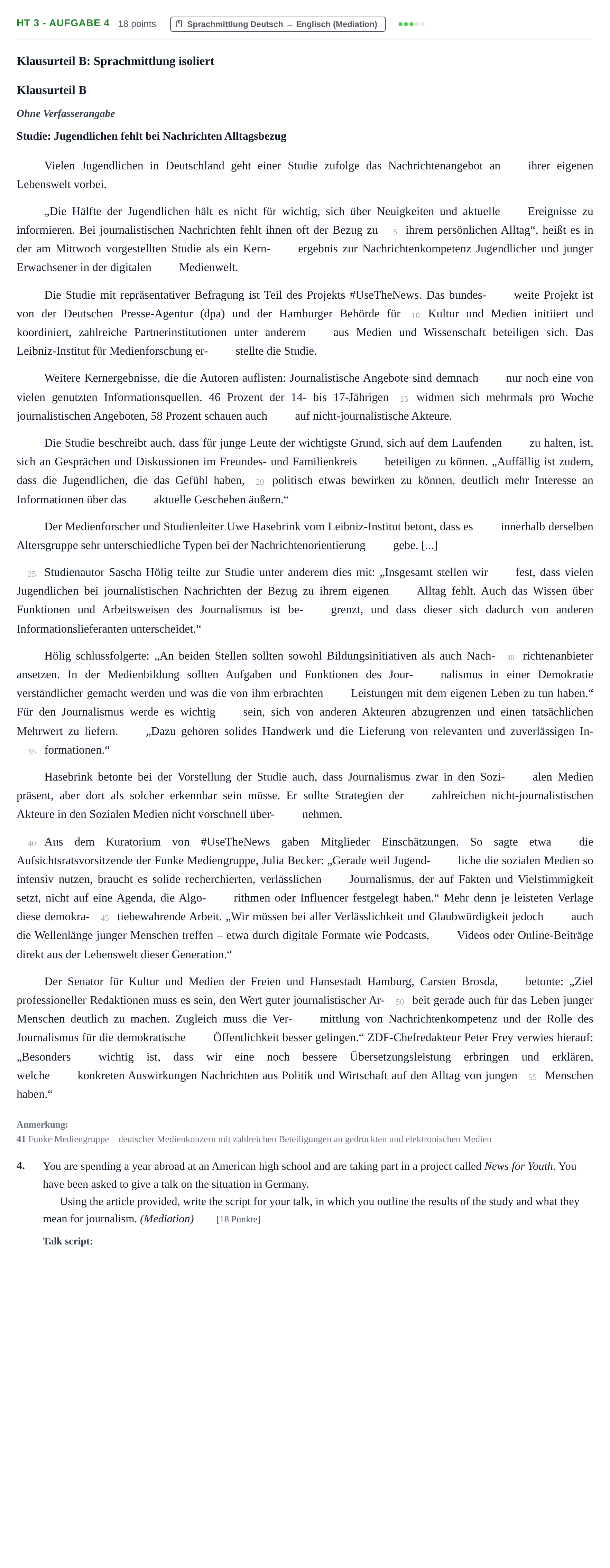 Aufgabenstellung: Aufgabe HT 3 - Aufgabe 4 · Abitur NRW Englisch LK · Haupttermin · Weiterbildungskolleg 2022