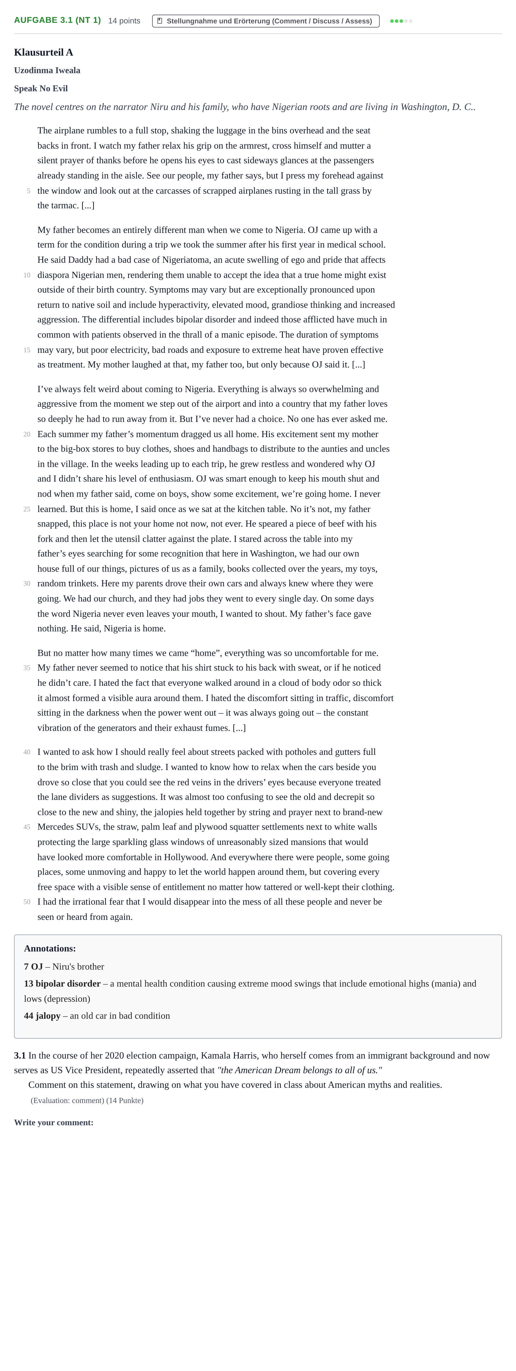 Aufgabenstellung: Aufgabe 3.1 (NT 1) · Abitur NRW Englisch GK · Nachtermin 2022