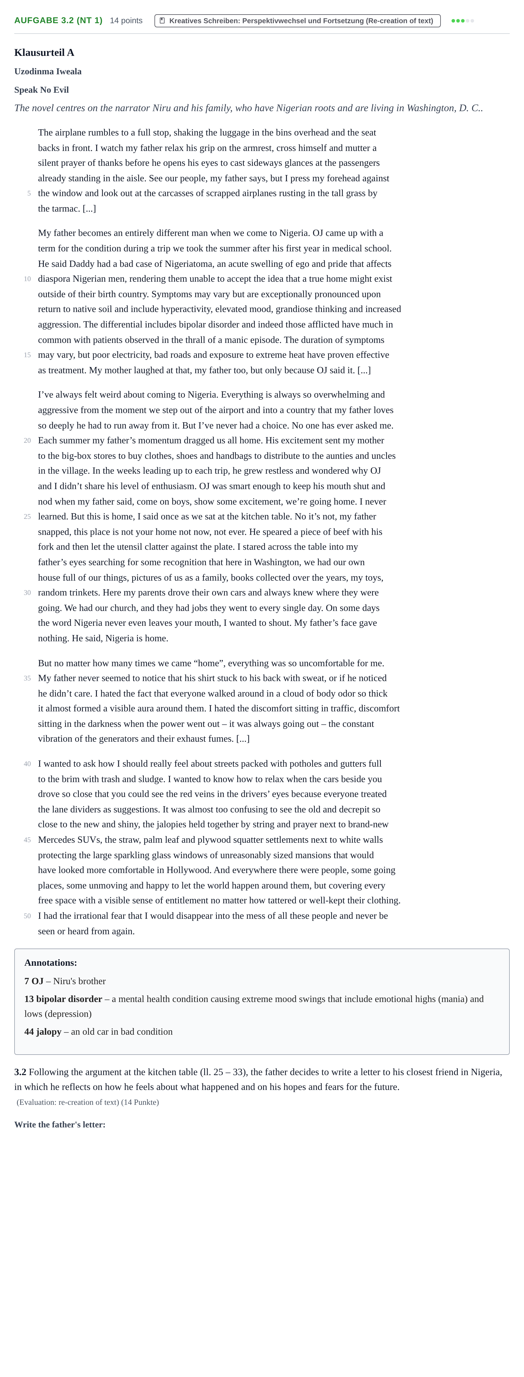 Aufgabenstellung: Aufgabe 3.2 (NT 1) · Abitur NRW Englisch GK · Nachtermin 2022