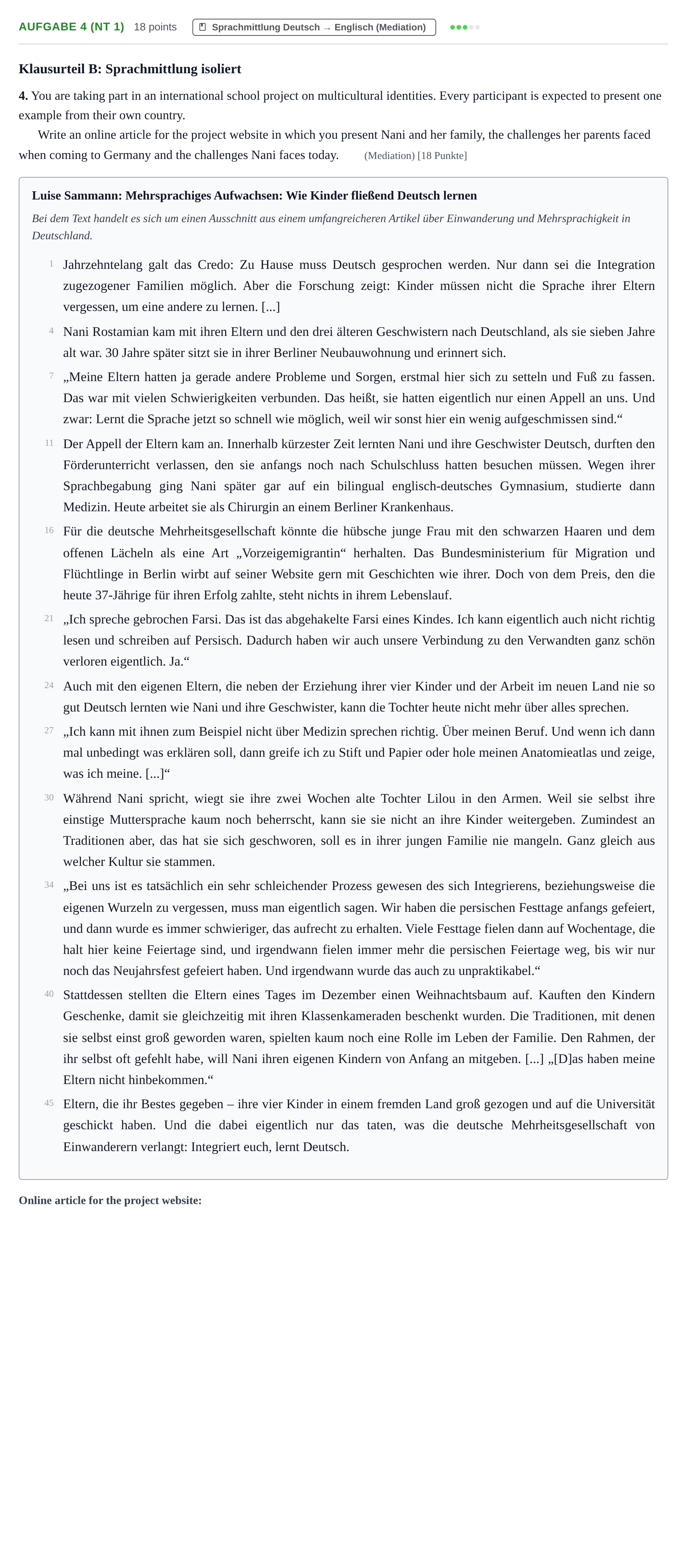 Aufgabenstellung: Aufgabe 4 (NT 1) · Abitur NRW Englisch GK · Nachtermin 2022
