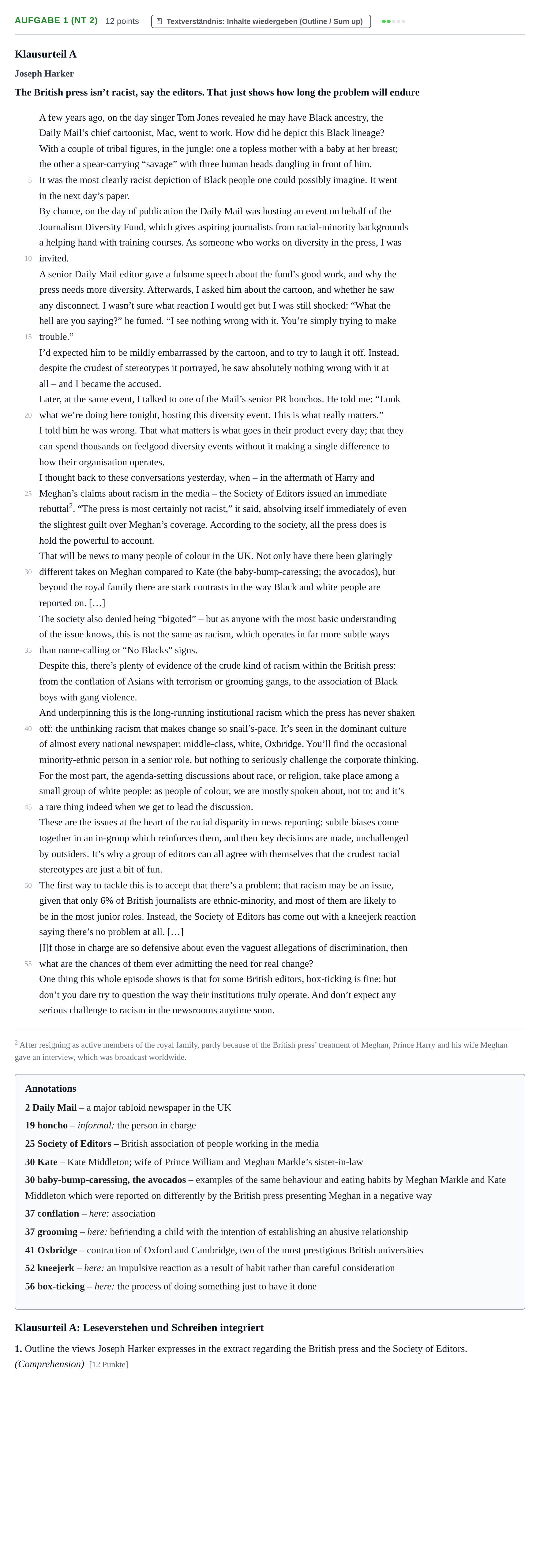 Aufgabenstellung: Aufgabe 1 (NT 2) · Abitur NRW Englisch GK · Nachtermin 2022