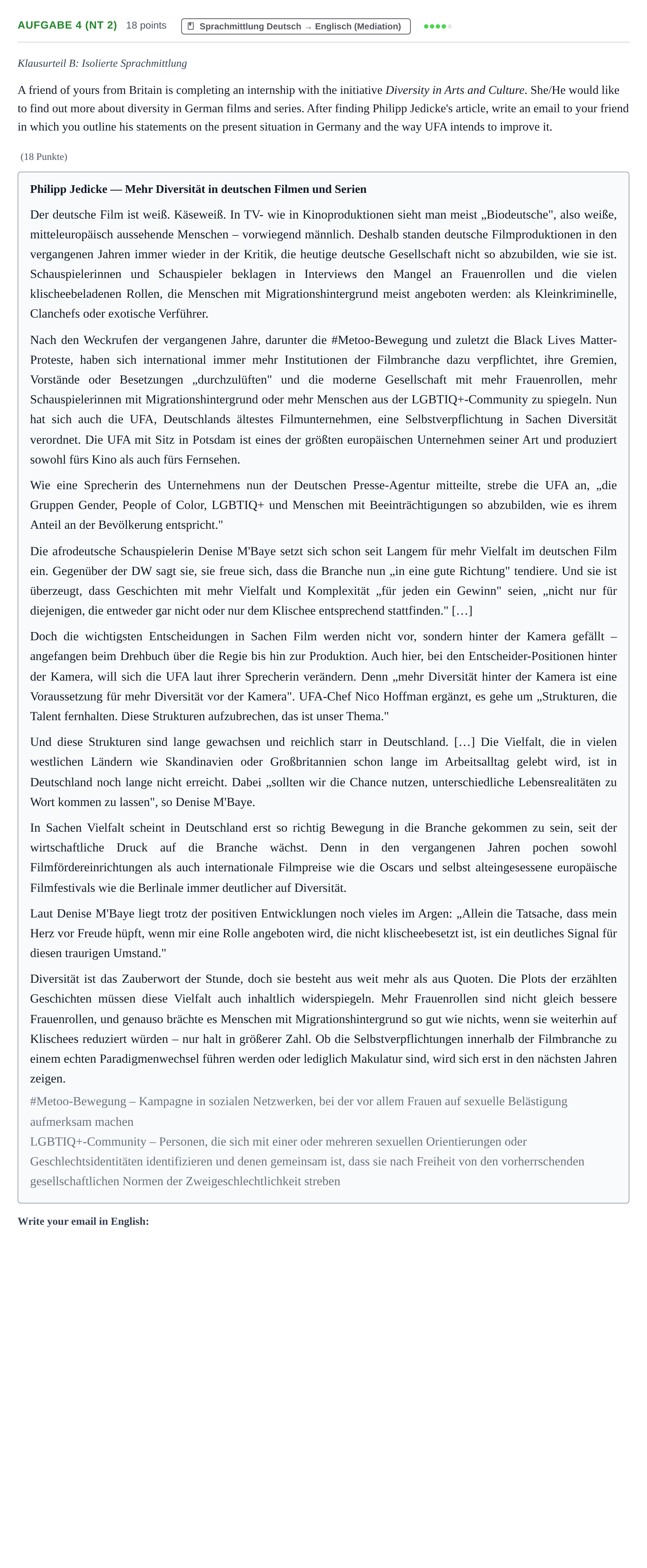 Aufgabenstellung: Aufgabe 4 (NT 2) · Abitur NRW Englisch GK · Nachtermin 2022