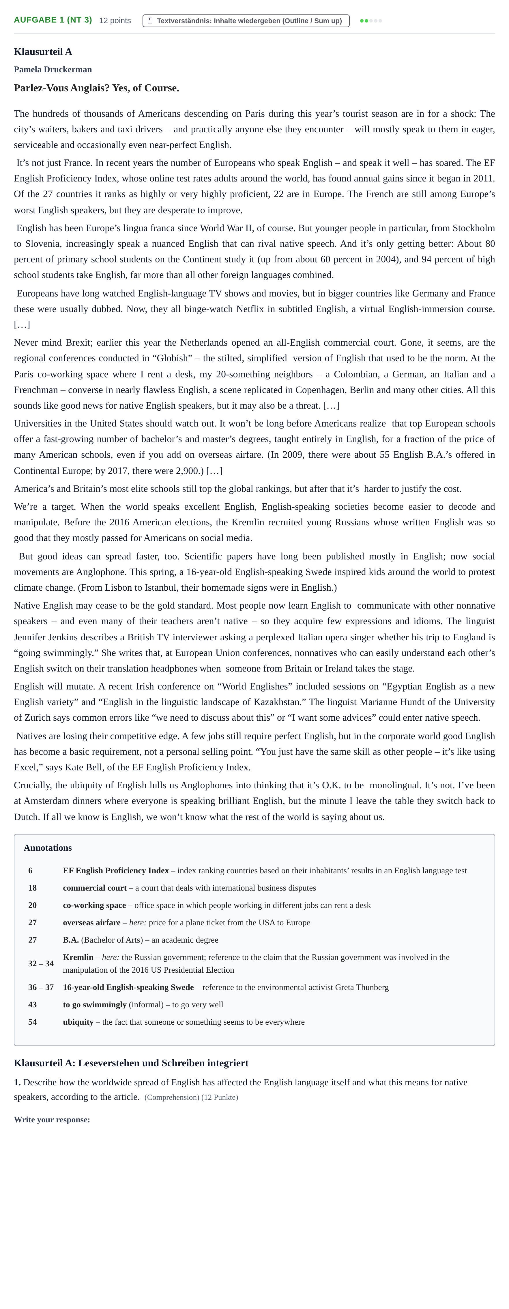 Aufgabenstellung: Aufgabe 1 (NT 3) · Abitur NRW Englisch GK · Nachtermin 2022