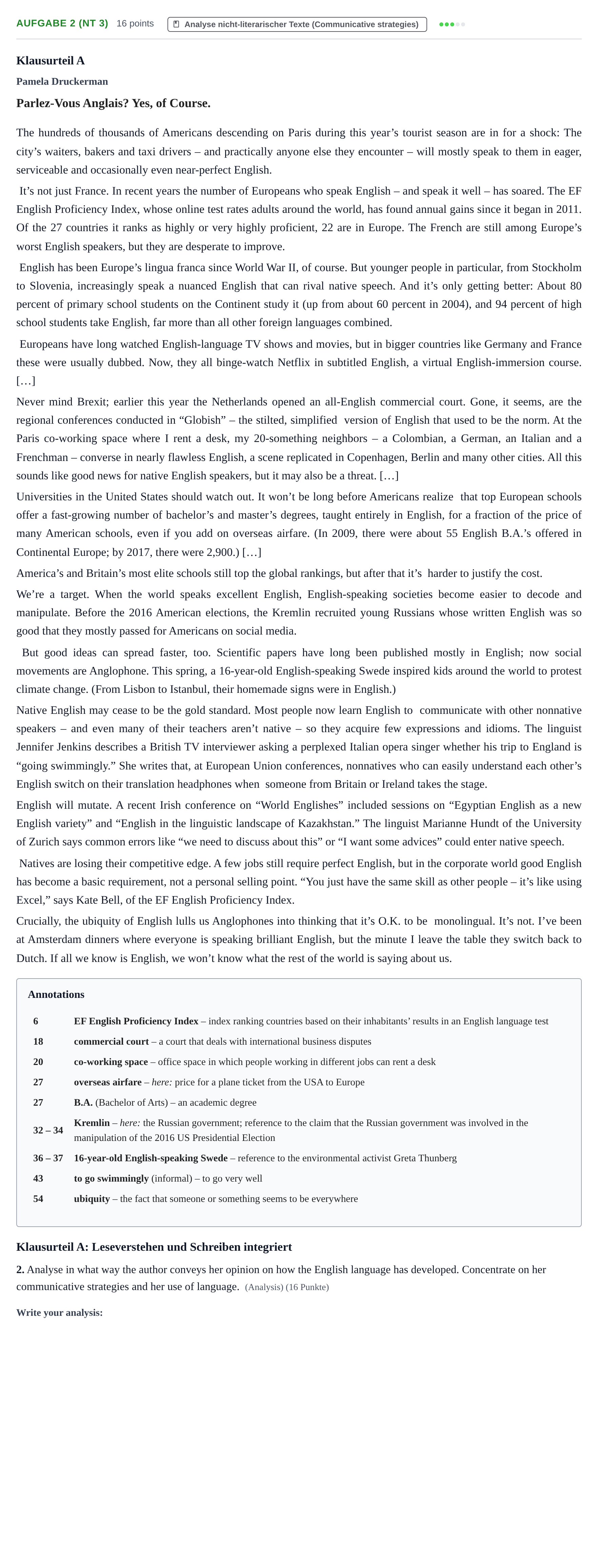 Aufgabenstellung: Aufgabe 2 (NT 3) · Abitur NRW Englisch GK · Nachtermin 2022