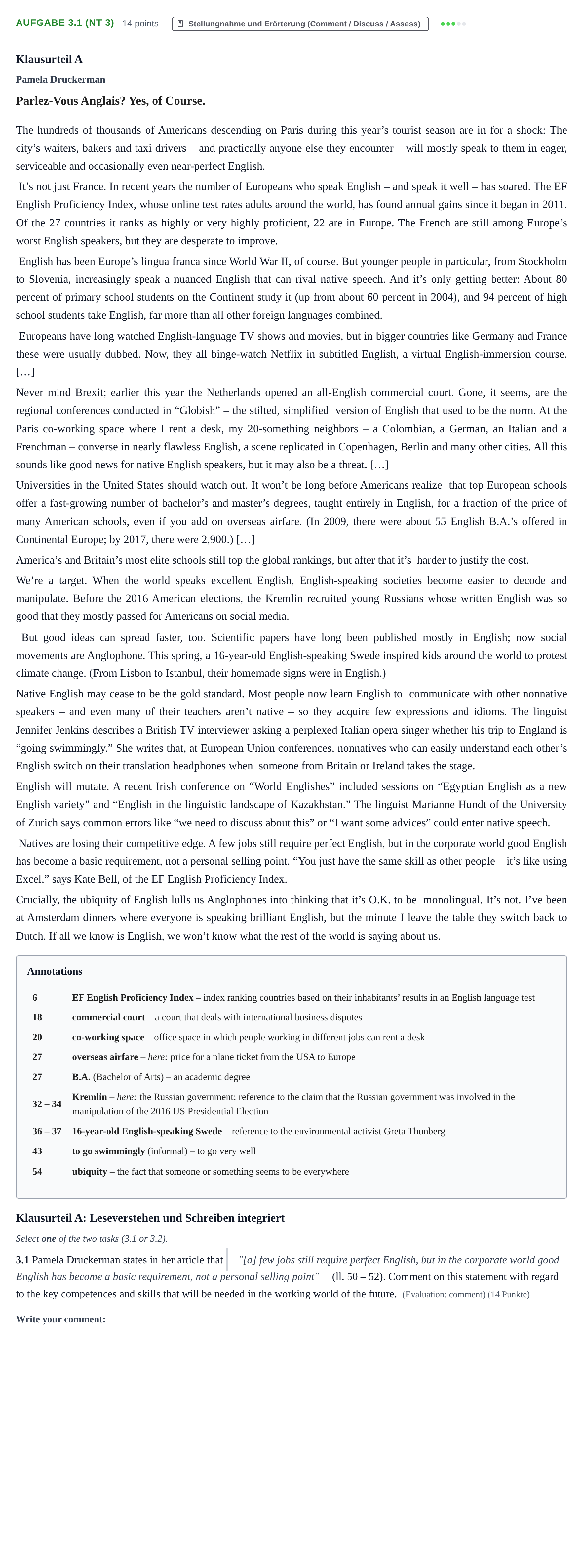 Aufgabenstellung: Aufgabe 3.1 (NT 3) · Abitur NRW Englisch GK · Nachtermin 2022