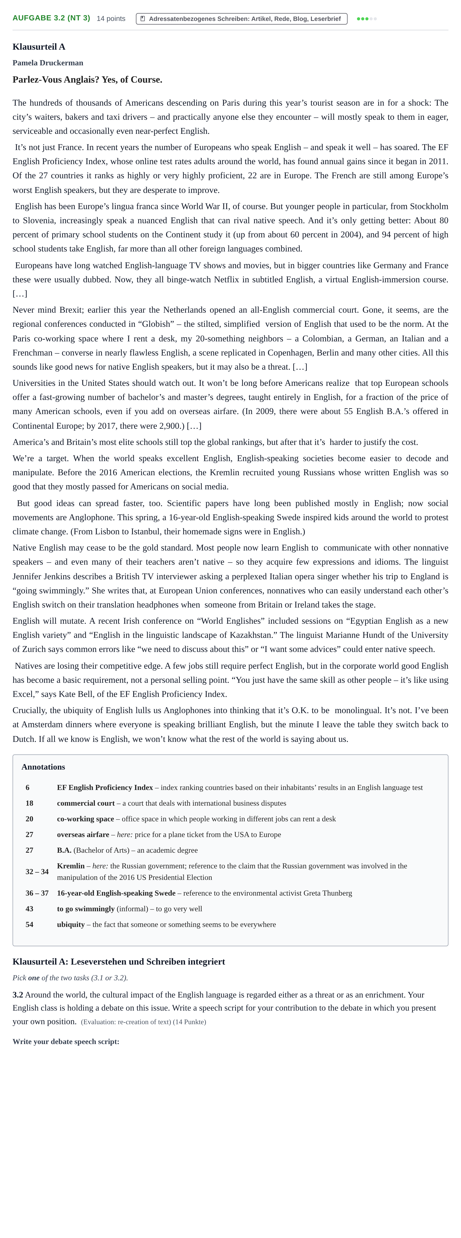 Aufgabenstellung: Aufgabe 3.2 (NT 3) · Abitur NRW Englisch GK · Nachtermin 2022