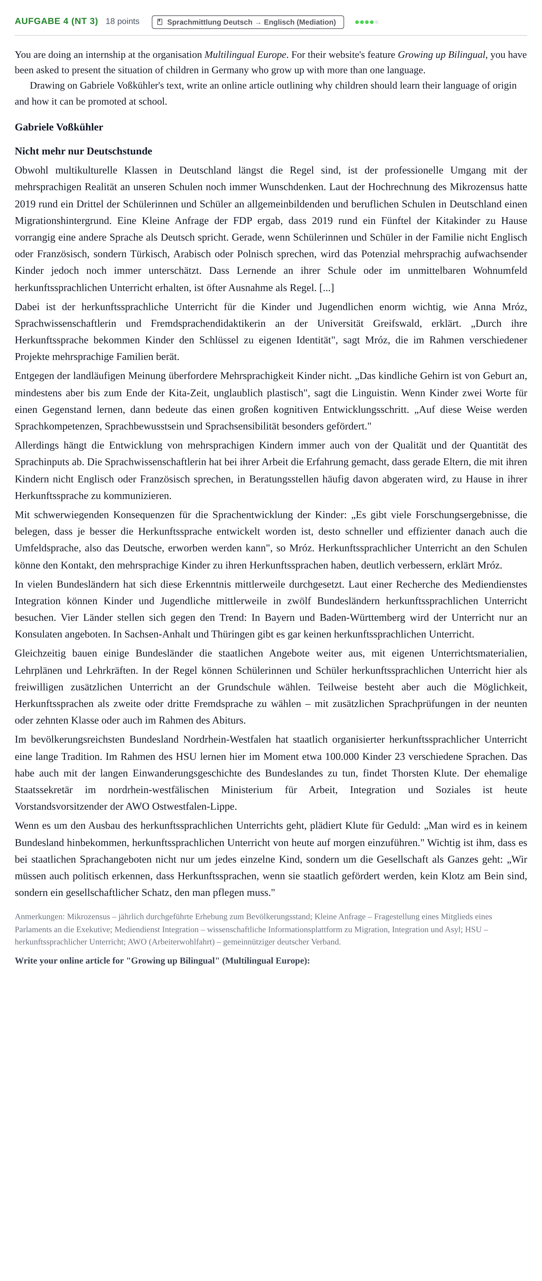 Aufgabenstellung: Aufgabe 4 (NT 3) · Abitur NRW Englisch GK · Nachtermin 2022