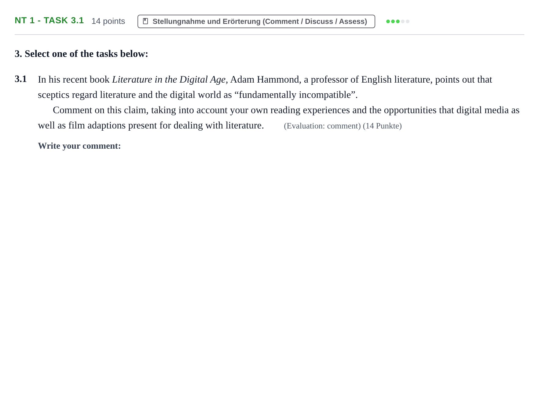 Aufgabenstellung: Aufgabe NT 1 - Task 3.1 · Abitur NRW Englisch GK · Nachtermin · Weiterbildungskolleg 2023