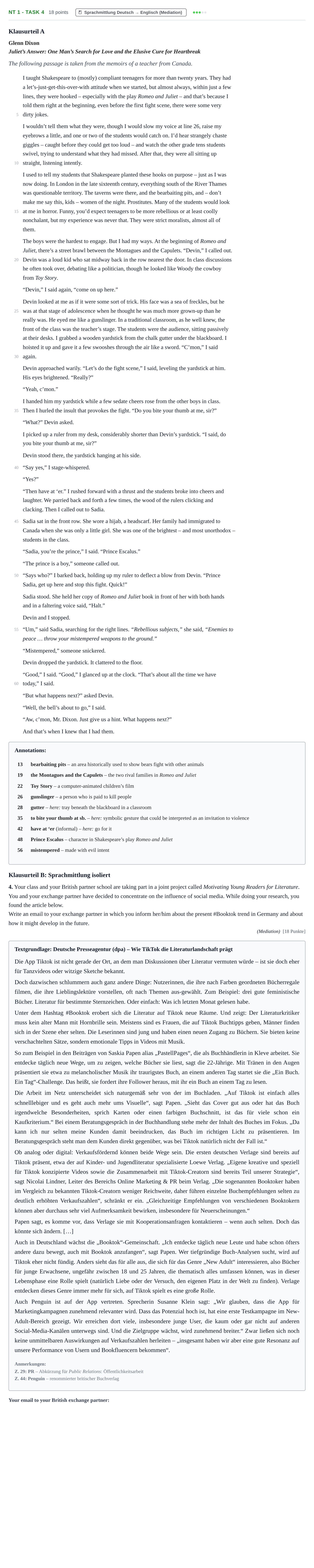 Aufgabenstellung: Aufgabe NT 1 - Task 4 · Abitur NRW Englisch GK · Nachtermin · Weiterbildungskolleg 2023