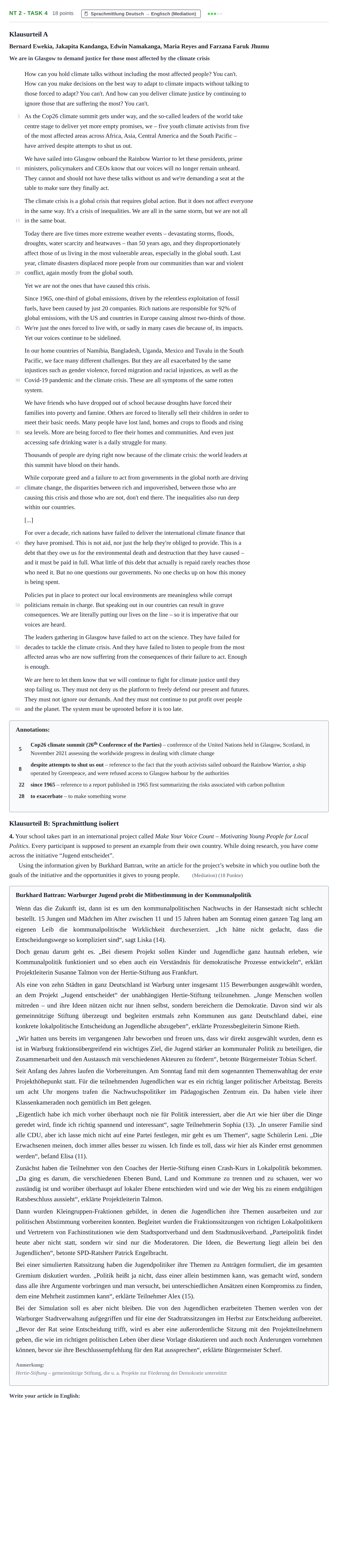 Aufgabenstellung: Aufgabe NT 2 - Task 4 · Abitur NRW Englisch GK · Nachtermin · Weiterbildungskolleg 2023