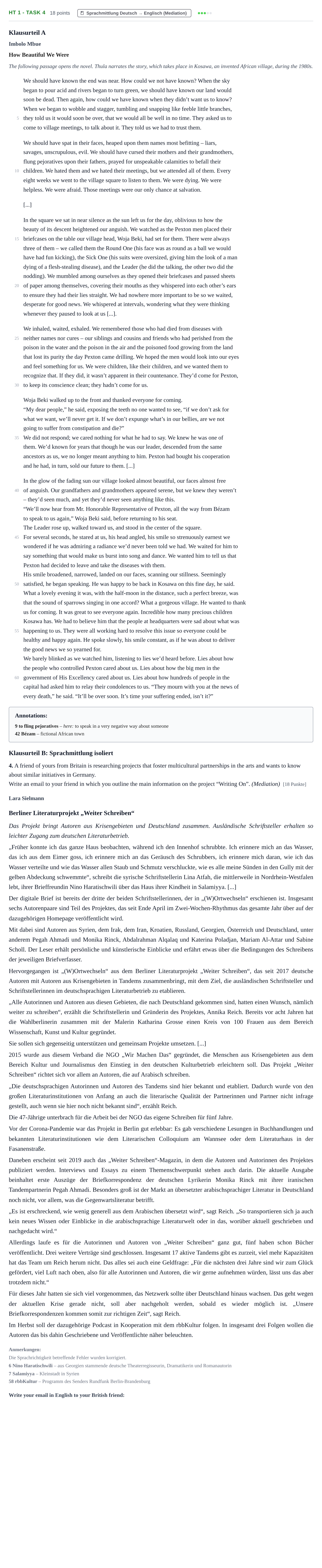 Aufgabenstellung: Aufgabe HT 1 - Task 4 · Abitur NRW Englisch LK · Haupttermin · Weiterbildungskolleg 2023