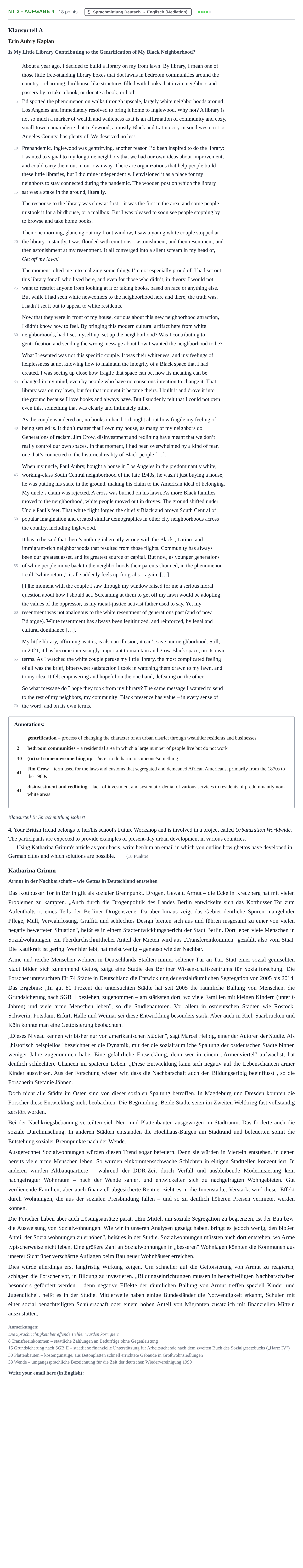 Aufgabenstellung: Aufgabe NT 2 - Aufgabe 4 · Abitur NRW Englisch LK · Nachtermin 2023