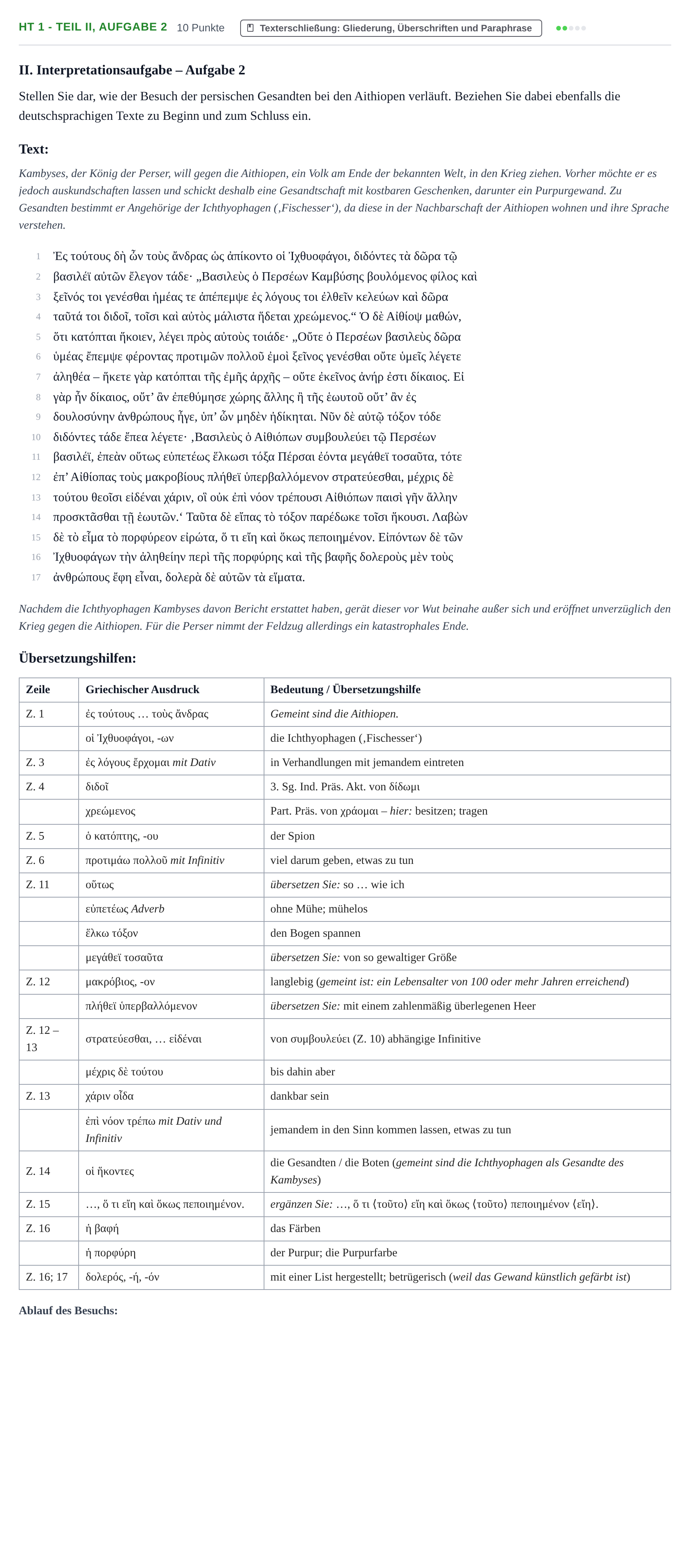 Aufgabenstellung: Aufgabe HT 1 - Teil II, Aufgabe 2 · Abitur NRW Griechisch LK · Haupttermin · fortgeführt 2022