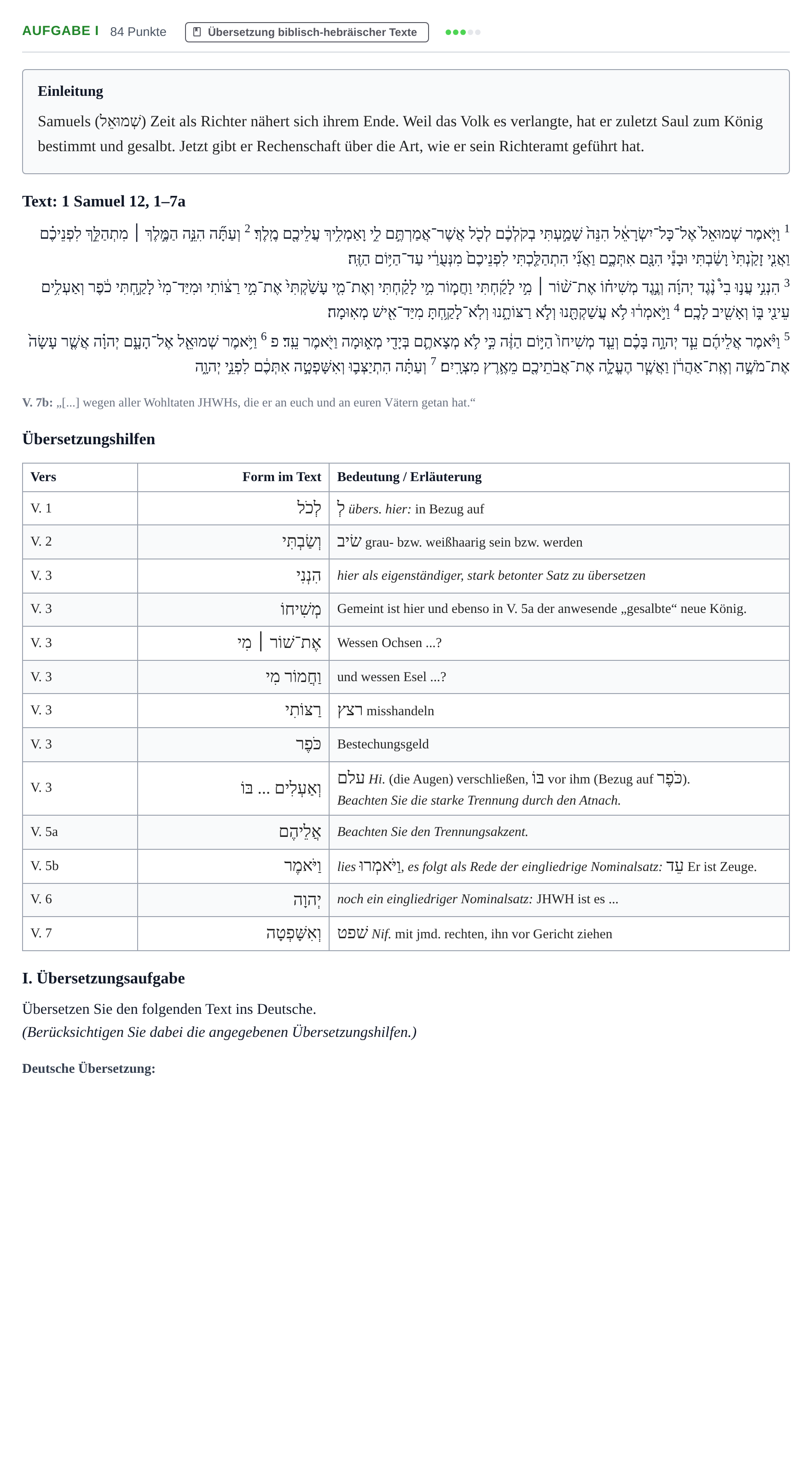 Aufgabenstellung: Aufgabe I · Abitur NRW Hebräisch GK · Haupttermin 2021