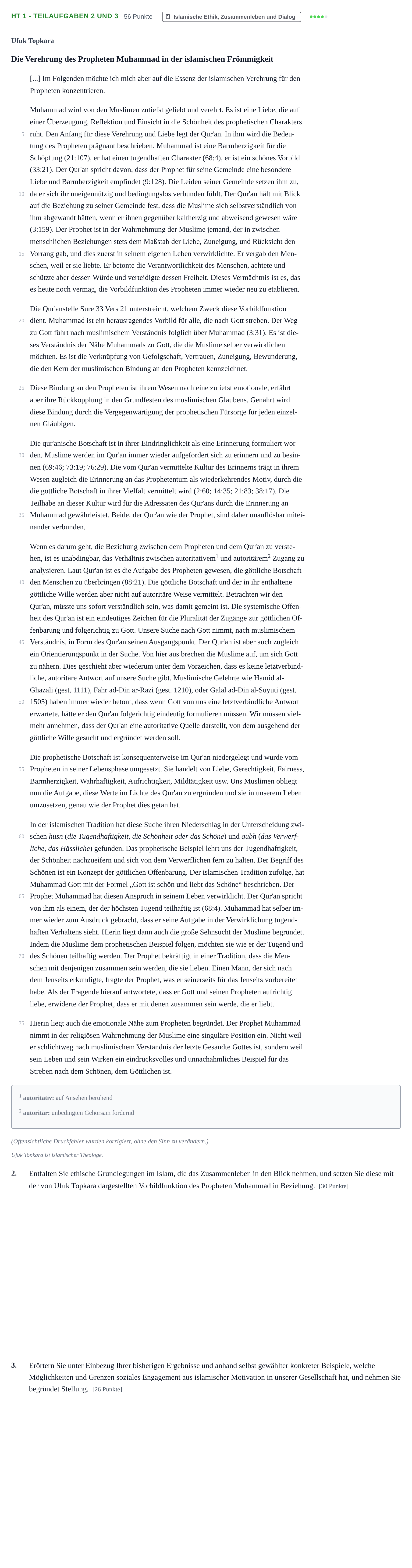 Aufgabenstellung: Aufgabe HT 1 - Teilaufgaben 2 und 3 · Abitur NRW Islamischer Religionsunterricht GK · Haupttermin 2021