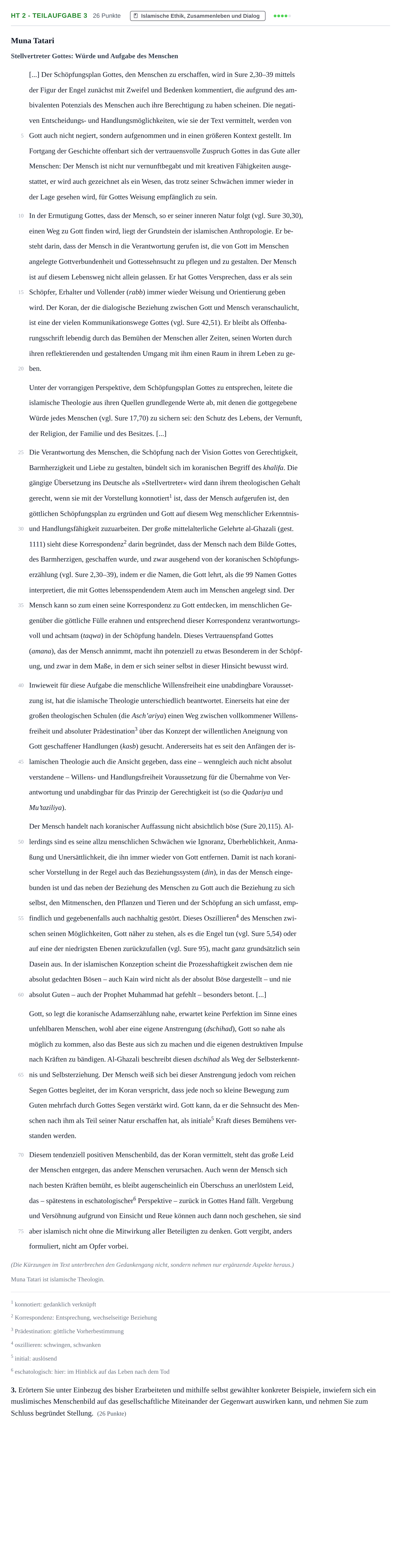 Aufgabenstellung: Aufgabe HT 2 - Teilaufgabe 3 · Abitur NRW Islamischer Religionsunterricht GK · Haupttermin 2021