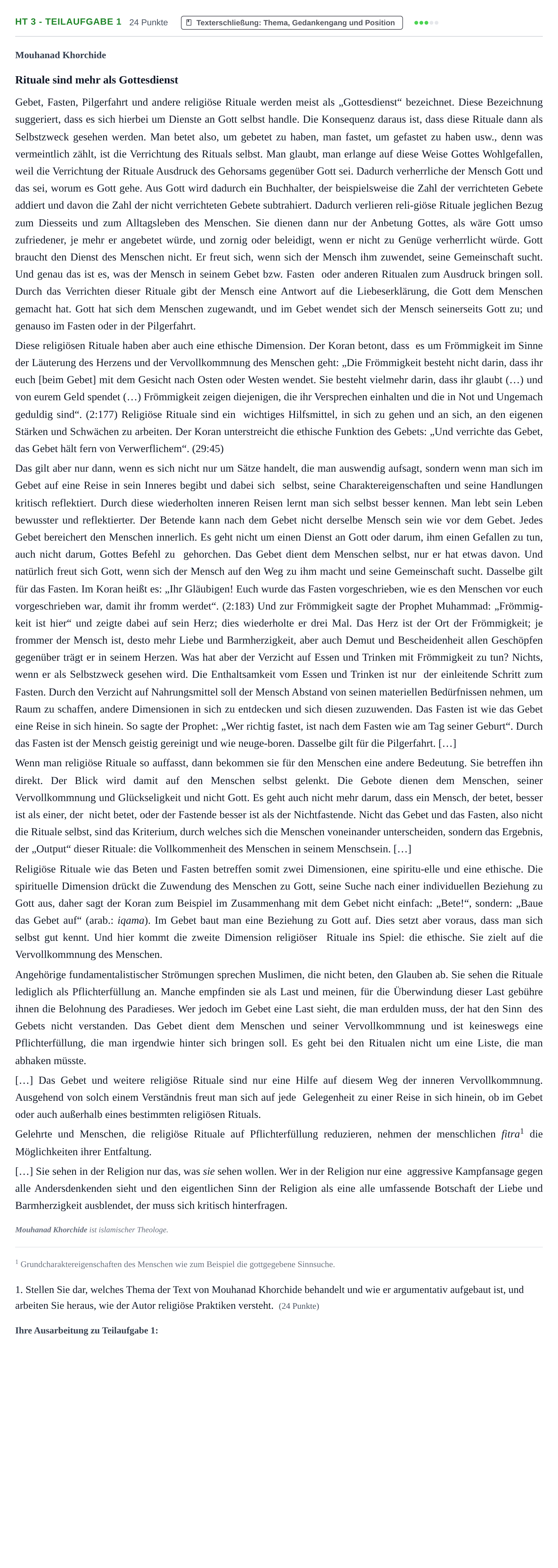 Aufgabenstellung: Aufgabe HT 3 - Teilaufgabe 1 · Abitur NRW Islamischer Religionsunterricht GK · Haupttermin 2021