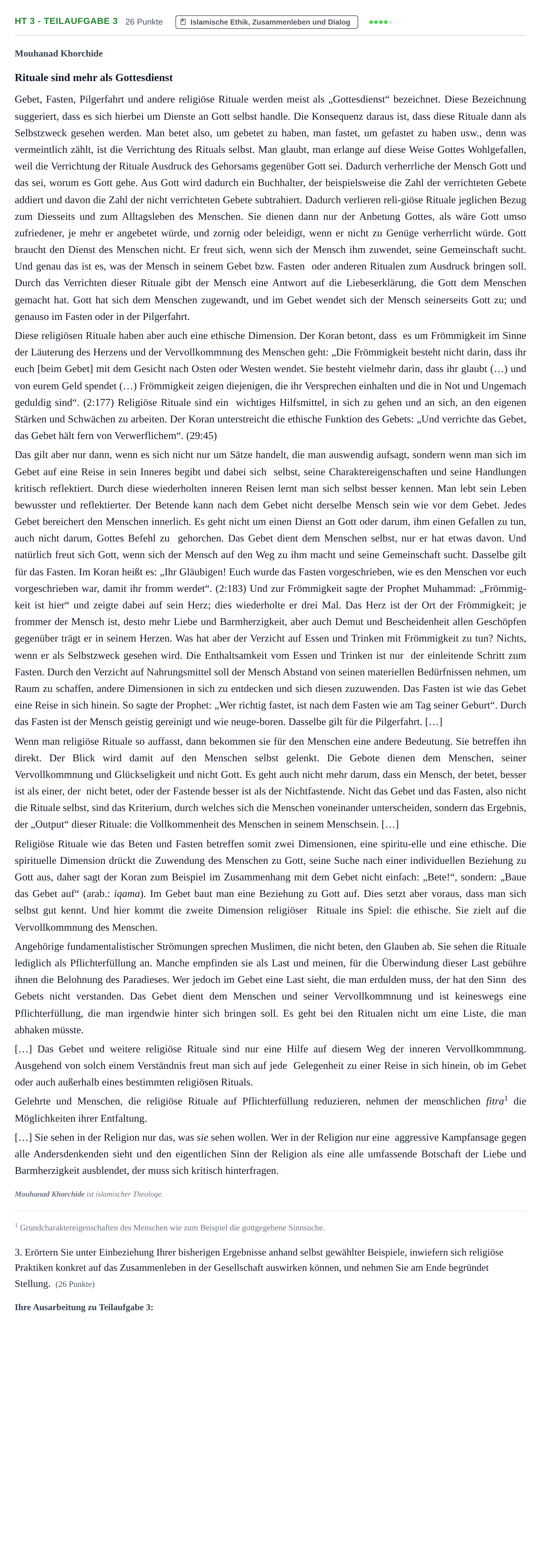 Aufgabenstellung: Aufgabe HT 3 - Teilaufgabe 3 · Abitur NRW Islamischer Religionsunterricht GK · Haupttermin 2021