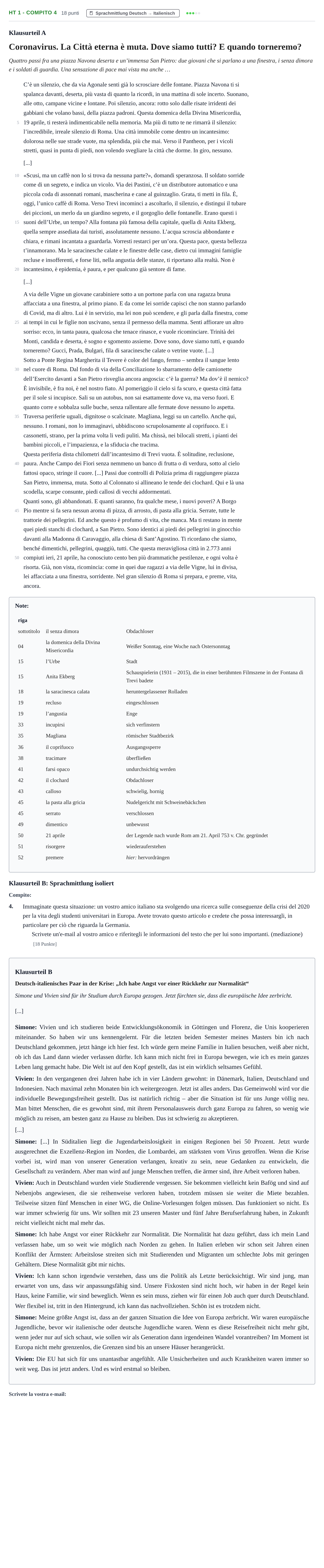 Aufgabenstellung: Aufgabe HT 1 - Compito 4 · Abitur NRW Italienisch GK · Haupttermin · fortgeführt 2021