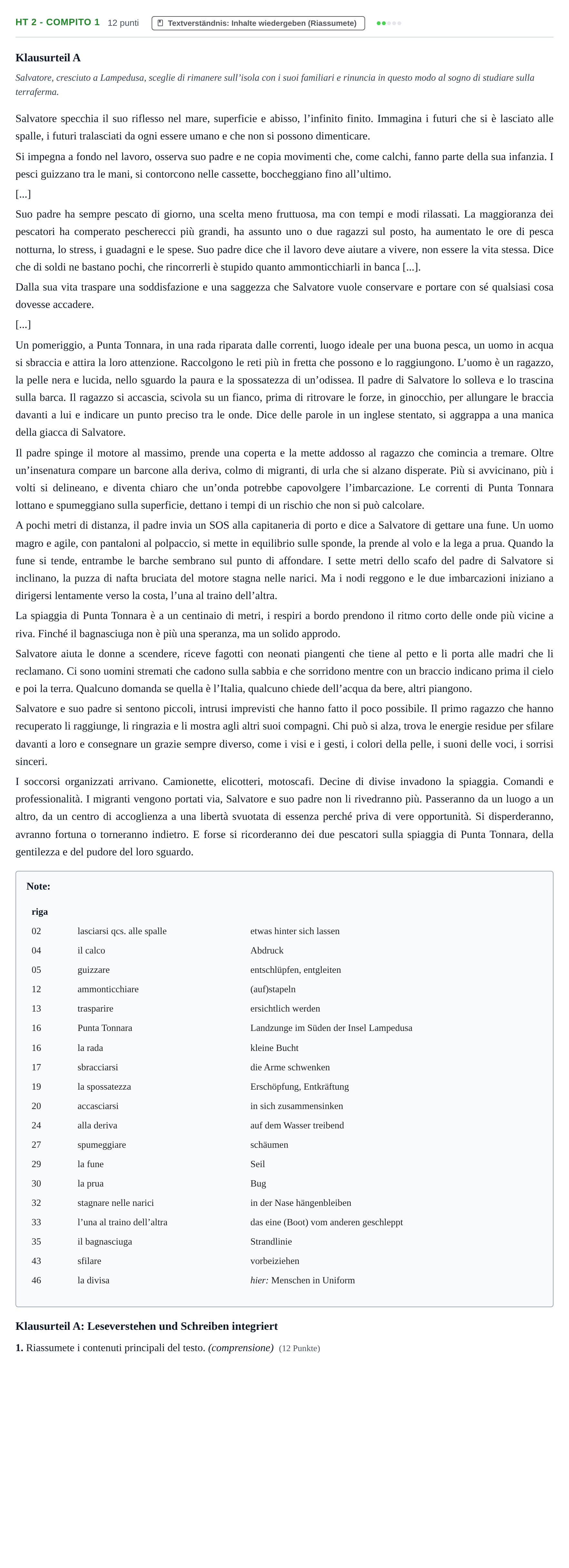 Aufgabenstellung: Aufgabe HT 2 - Compito 1 · Abitur NRW Italienisch GK · Haupttermin · fortgeführt 2021