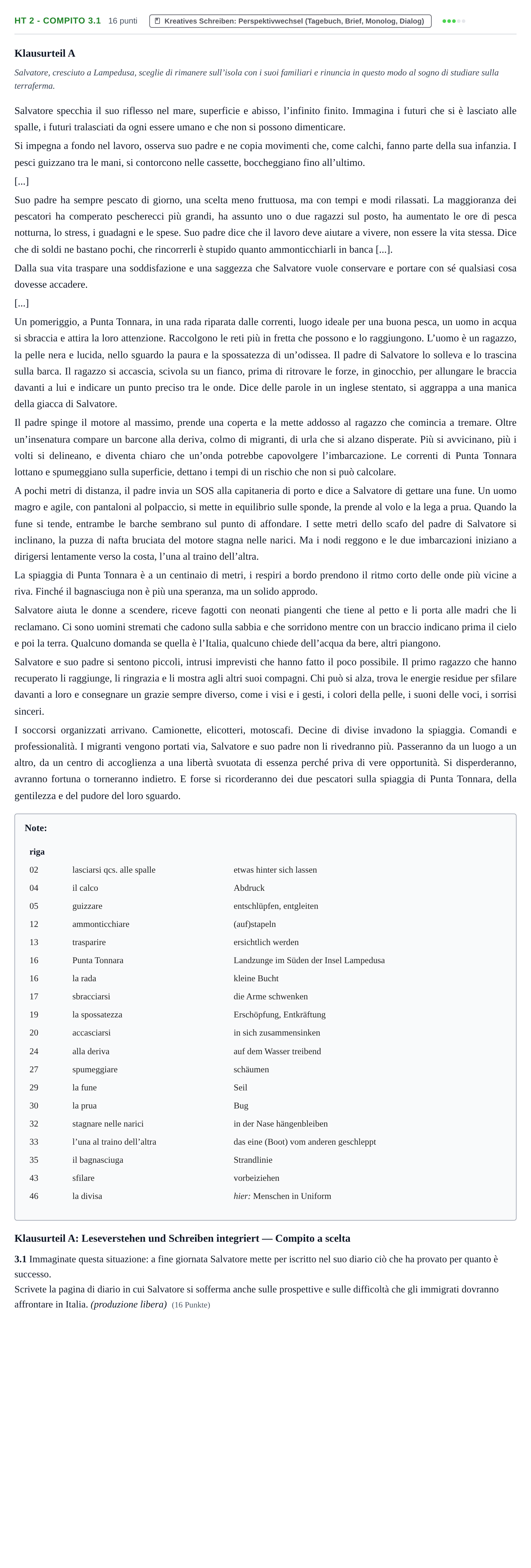 Aufgabenstellung: Aufgabe HT 2 - Compito 3.1 · Abitur NRW Italienisch GK · Haupttermin · fortgeführt 2021