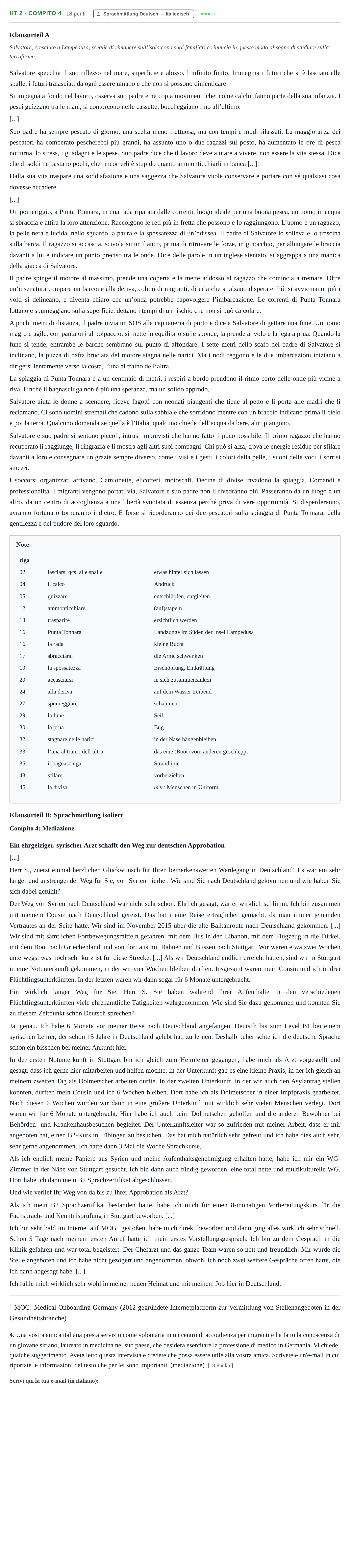 Aufgabenstellung: Aufgabe HT 2 - Compito 4 · Abitur NRW Italienisch GK · Haupttermin · fortgeführt 2021