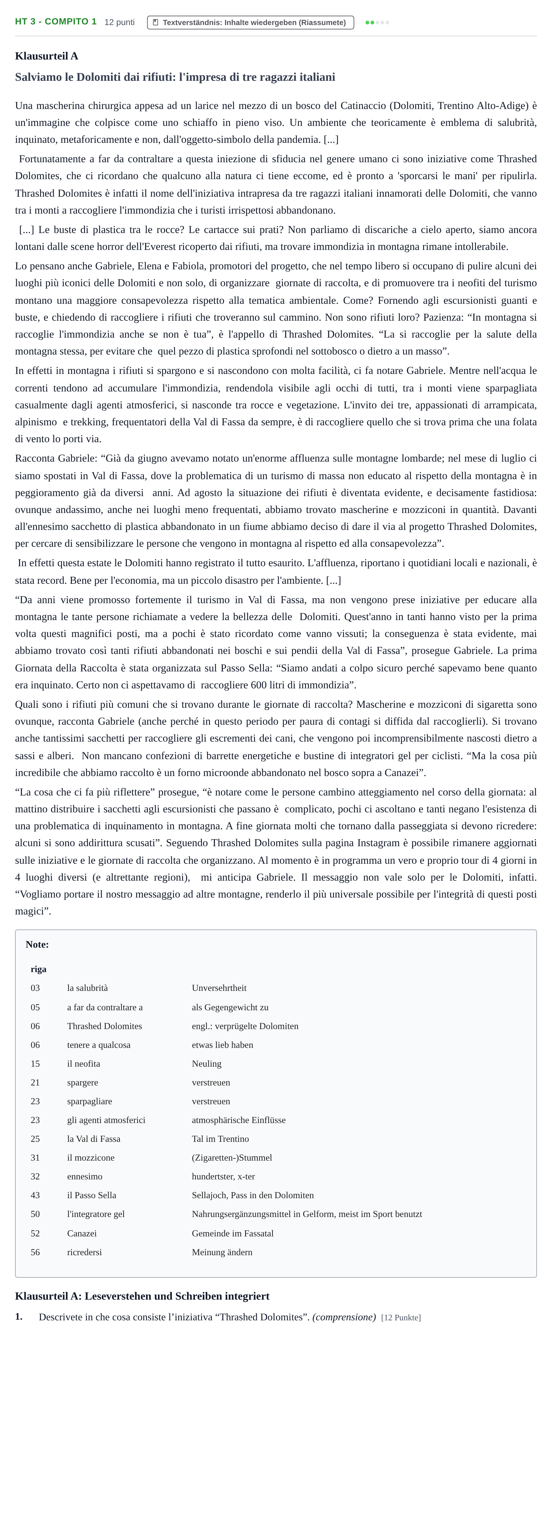 Aufgabenstellung: Aufgabe HT 3 - Compito 1 · Abitur NRW Italienisch GK · Haupttermin · fortgeführt 2021