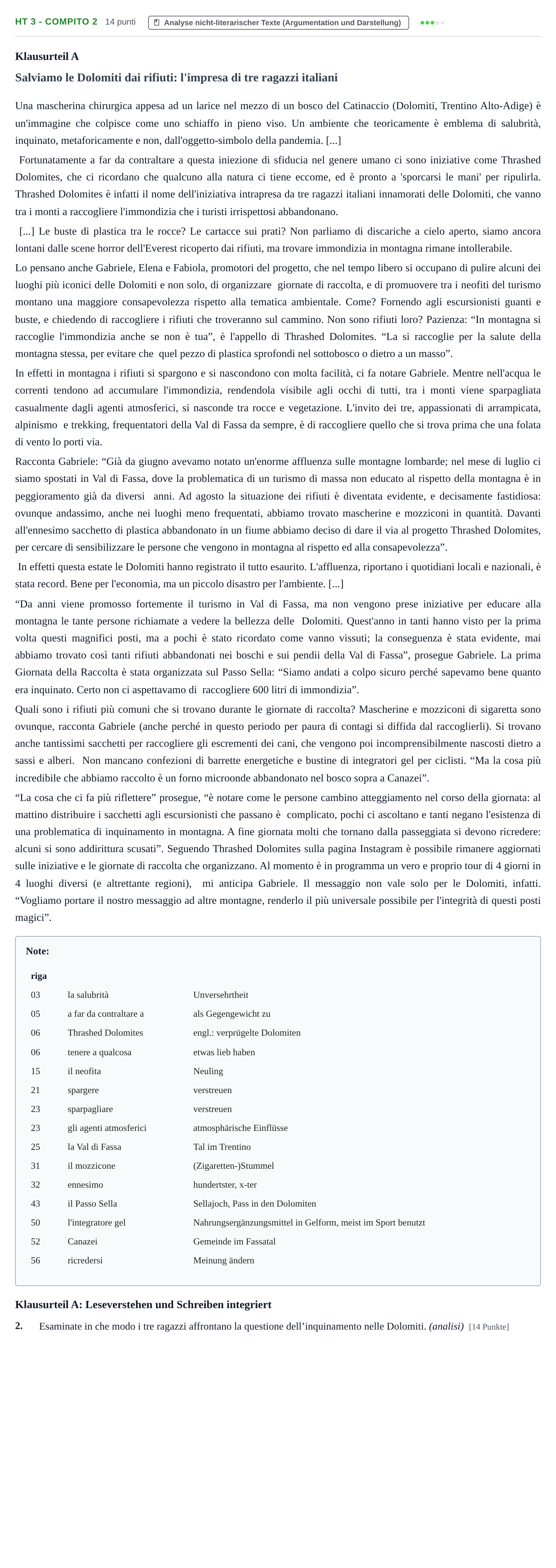 Aufgabenstellung: Aufgabe HT 3 - Compito 2 · Abitur NRW Italienisch GK · Haupttermin · fortgeführt 2021