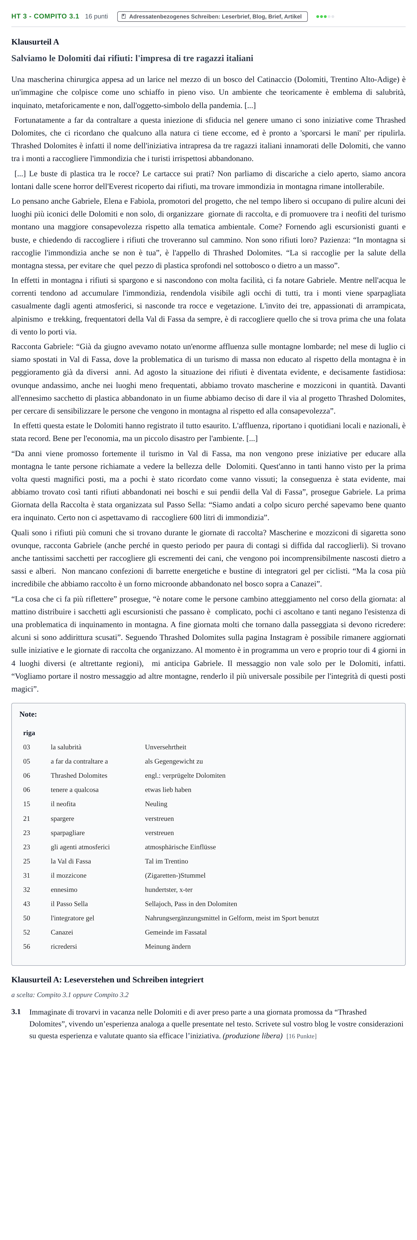 Aufgabenstellung: Aufgabe HT 3 - Compito 3.1 · Abitur NRW Italienisch GK · Haupttermin · fortgeführt 2021