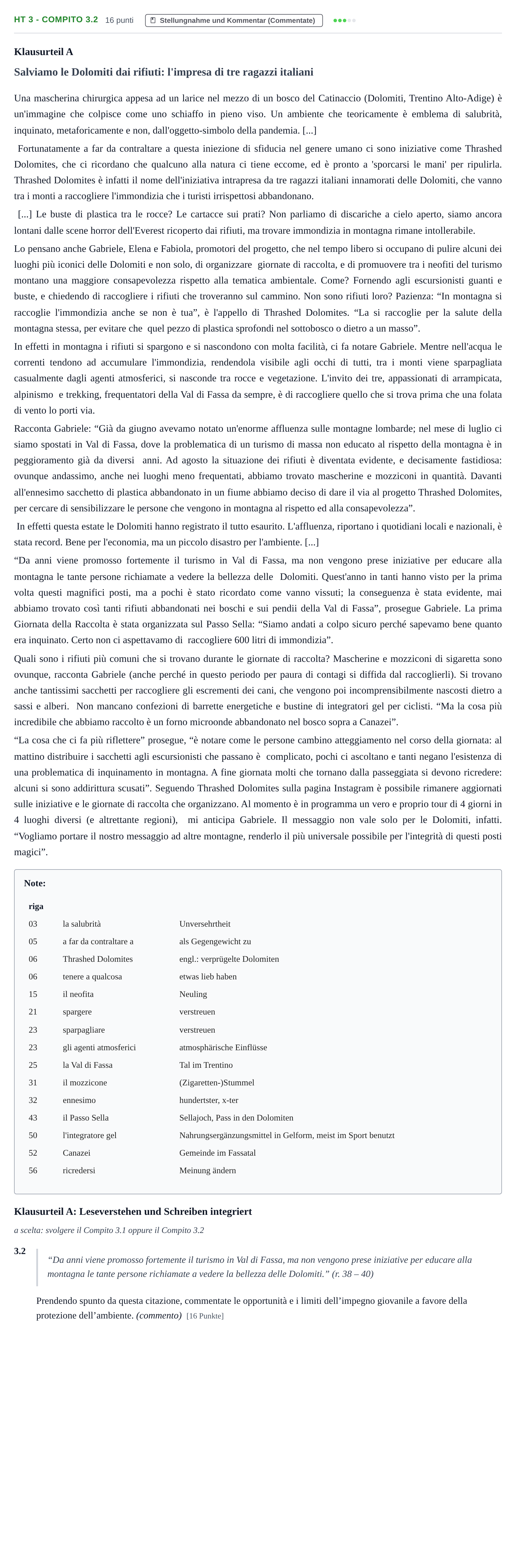 Aufgabenstellung: Aufgabe HT 3 - Compito 3.2 · Abitur NRW Italienisch GK · Haupttermin · fortgeführt 2021