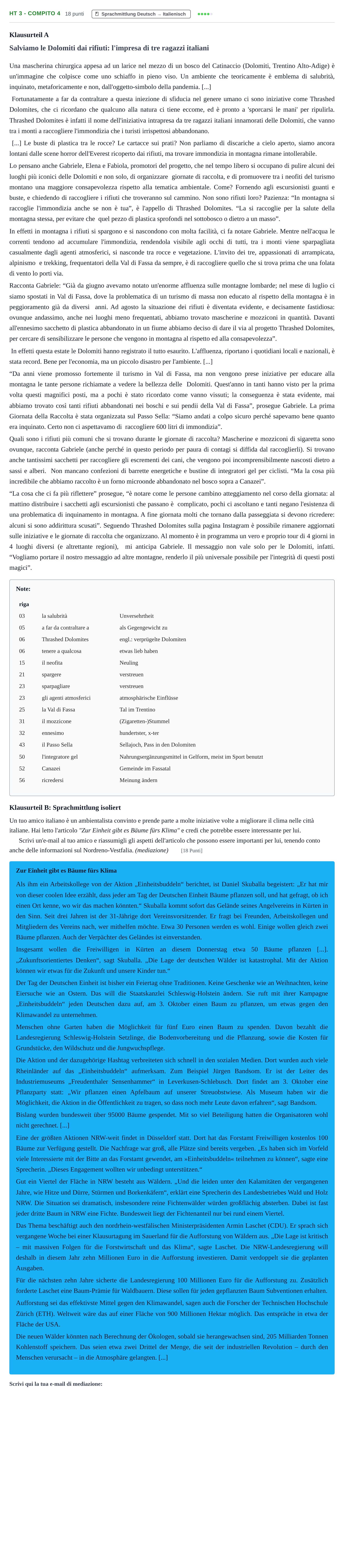Aufgabenstellung: Aufgabe HT 3 - Compito 4 · Abitur NRW Italienisch GK · Haupttermin · fortgeführt 2021