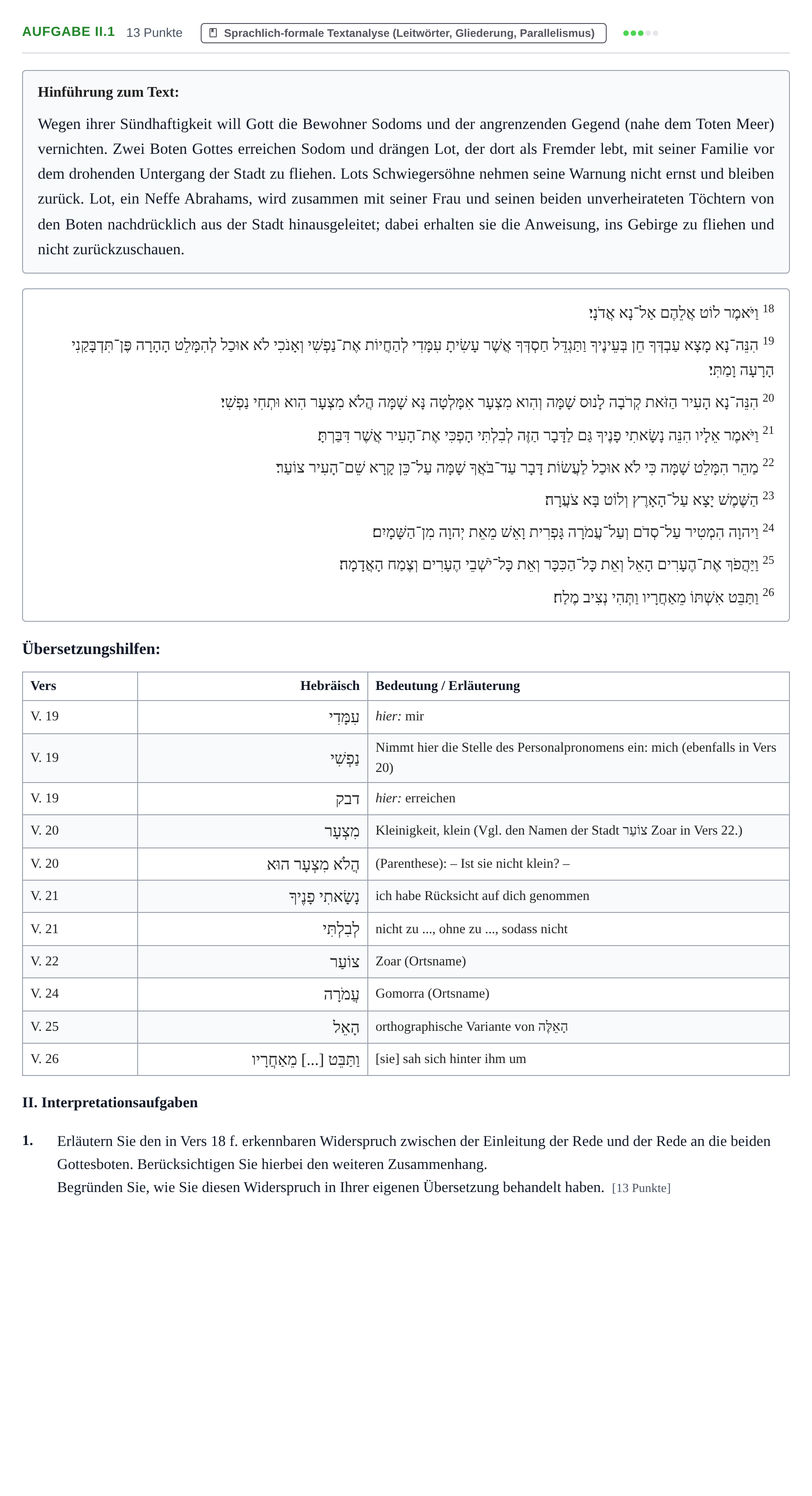 Aufgabenstellung: Aufgabe II.1 - Sprachlich-formale Textanalyse · Abitur NRW Hebräisch GK · Haupttermin 2022