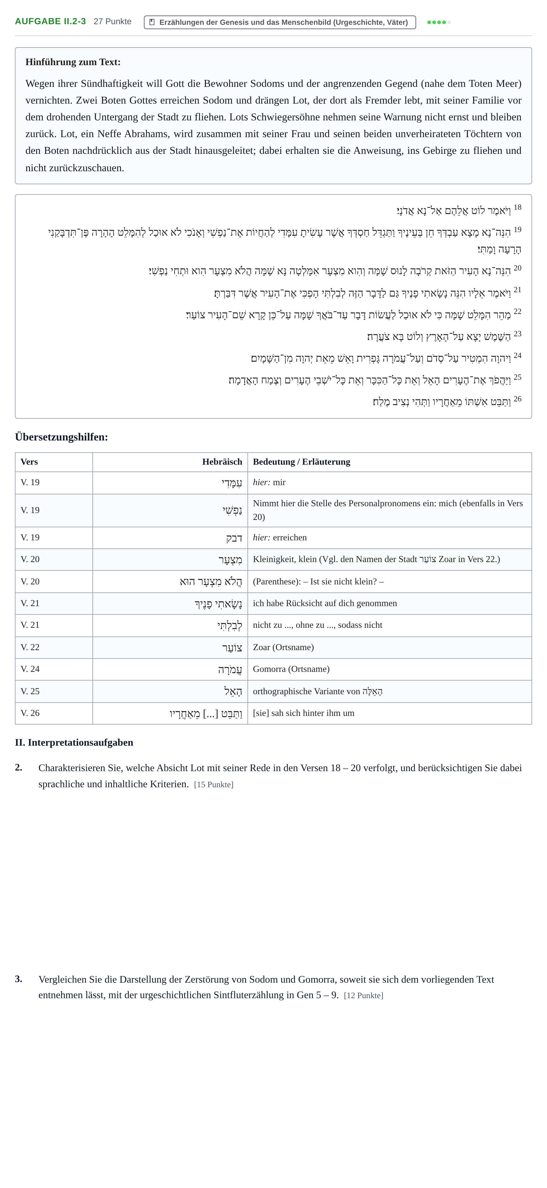 Aufgabenstellung: Aufgabe II.2-3 - Erzählungen der Genesis · Abitur NRW Hebräisch GK · Haupttermin 2022