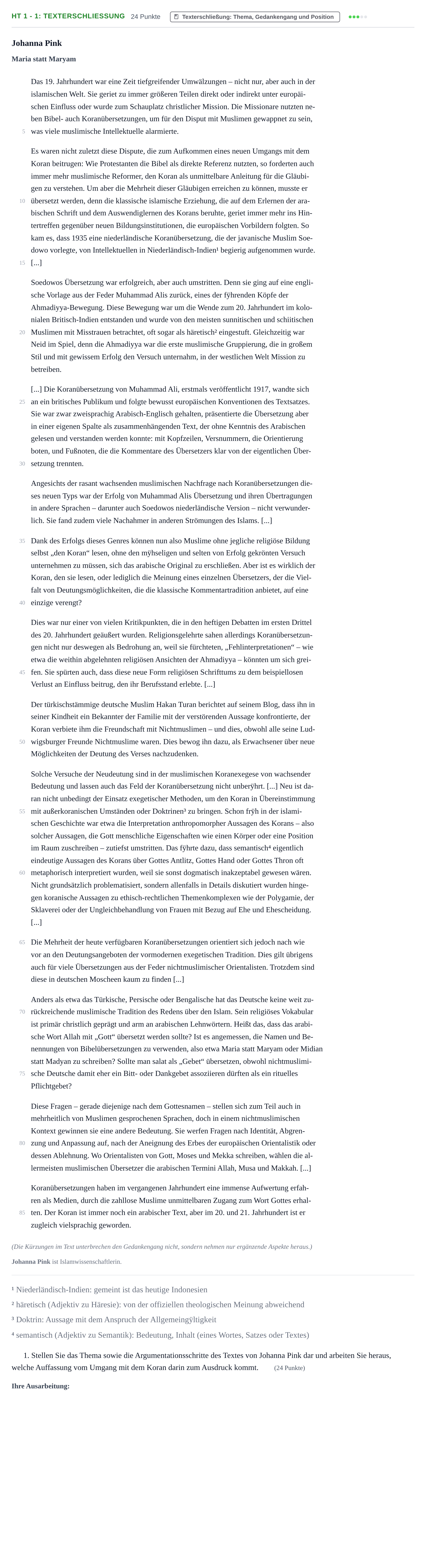 Aufgabenstellung: Aufgabe HT 1 - 1: Texterschließung · Abitur NRW Islamischer Religionsunterricht GK · Haupttermin 2022