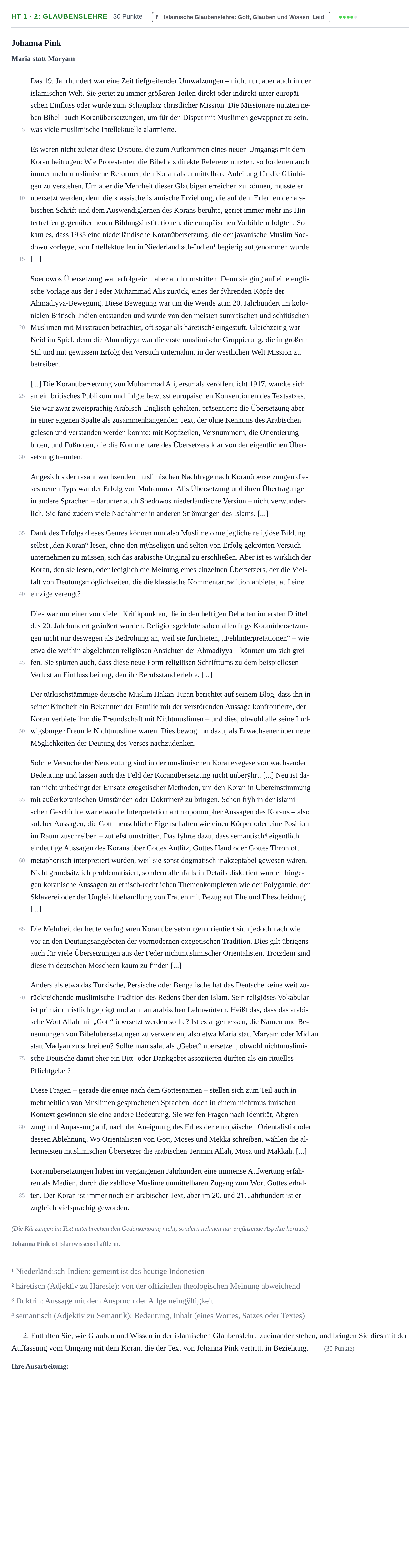 Aufgabenstellung: Aufgabe HT 1 - 2: Glaubenslehre · Abitur NRW Islamischer Religionsunterricht GK · Haupttermin 2022