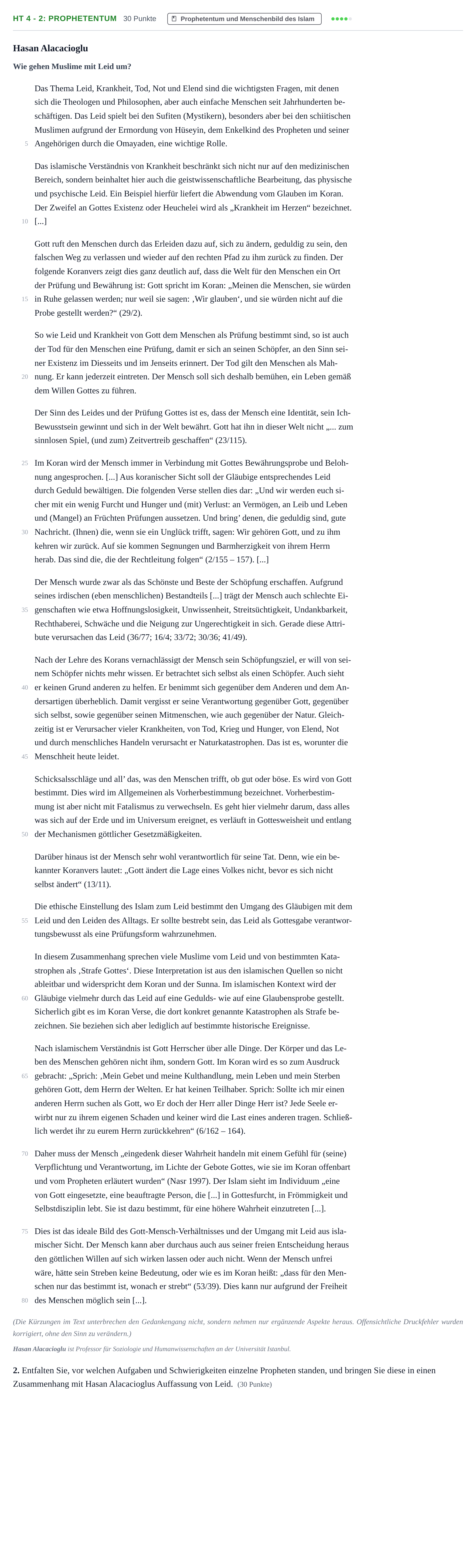 Aufgabenstellung: Aufgabe HT 4 - 2: Prophetentum · Abitur NRW Islamischer Religionsunterricht GK · Haupttermin 2022