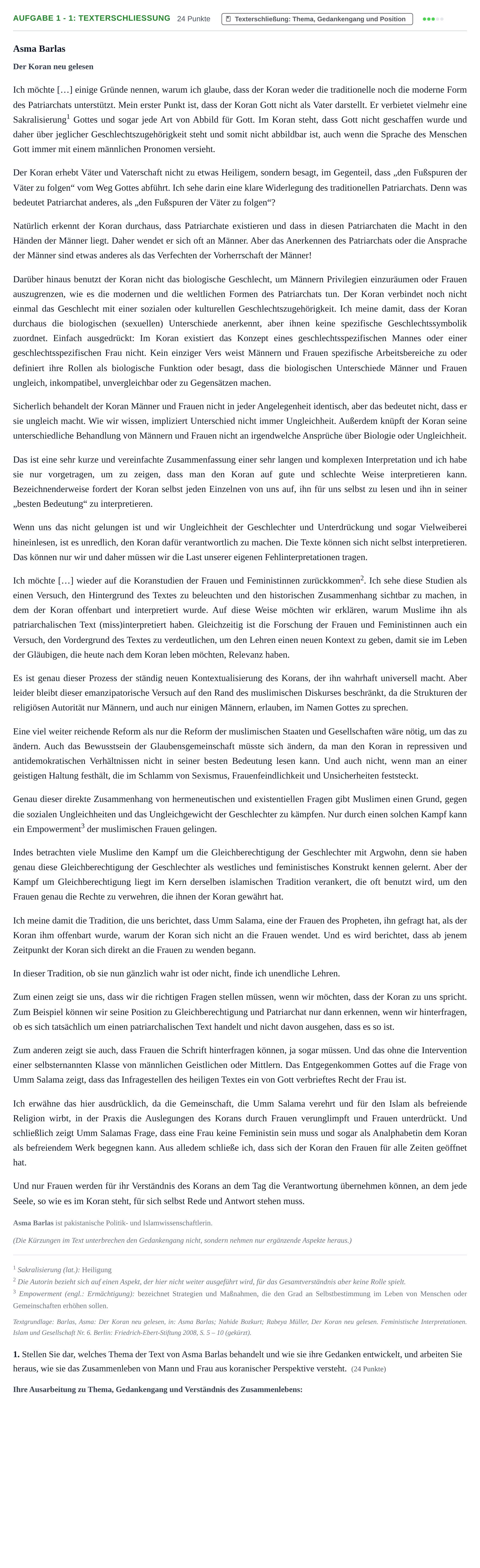 Aufgabenstellung: Aufgabe 1 - 1: Texterschließung · Abitur NRW Islamischer Religionsunterricht GK · Haupttermin 2023