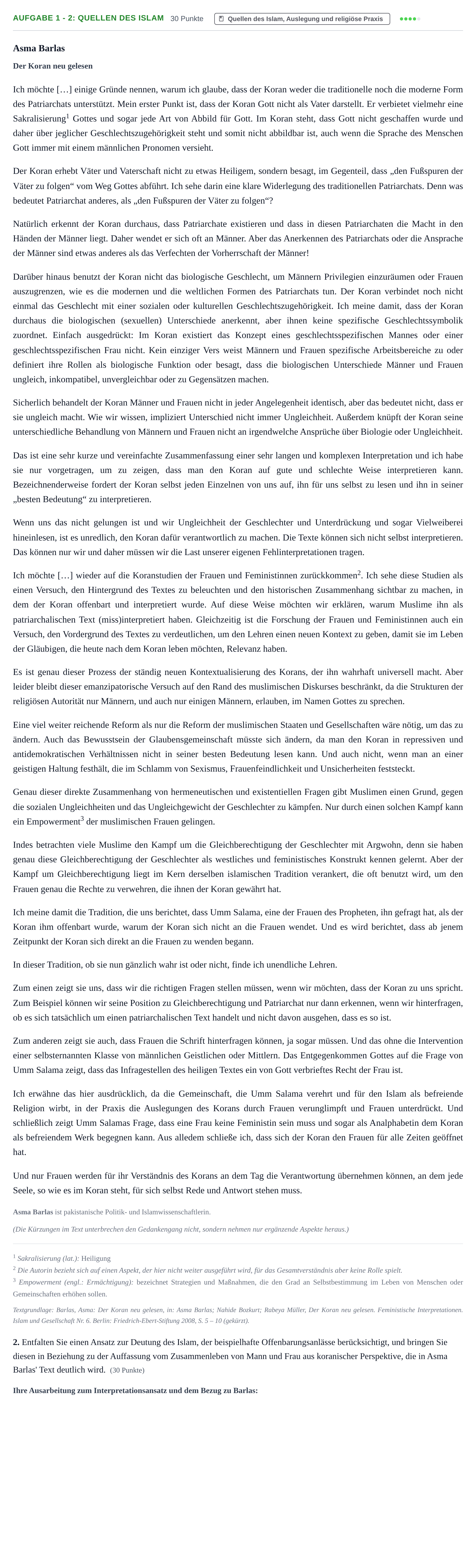 Aufgabenstellung: Aufgabe 1 - 2: Quellen des Islam · Abitur NRW Islamischer Religionsunterricht GK · Haupttermin 2023