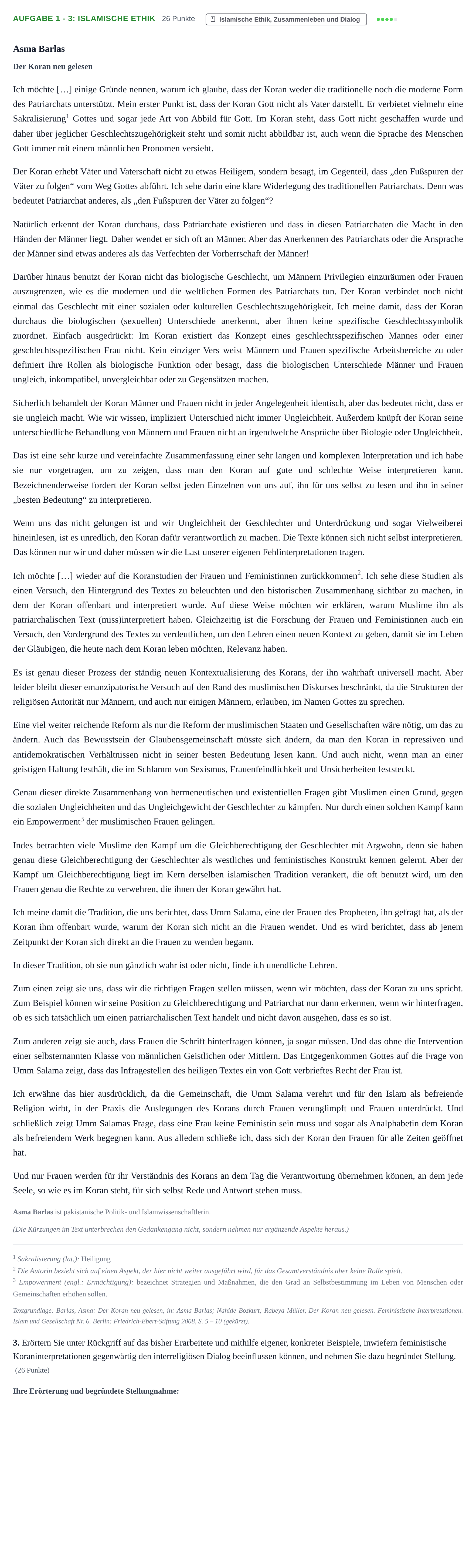 Aufgabenstellung: Aufgabe 1 - 3: Islamische Ethik · Abitur NRW Islamischer Religionsunterricht GK · Haupttermin 2023