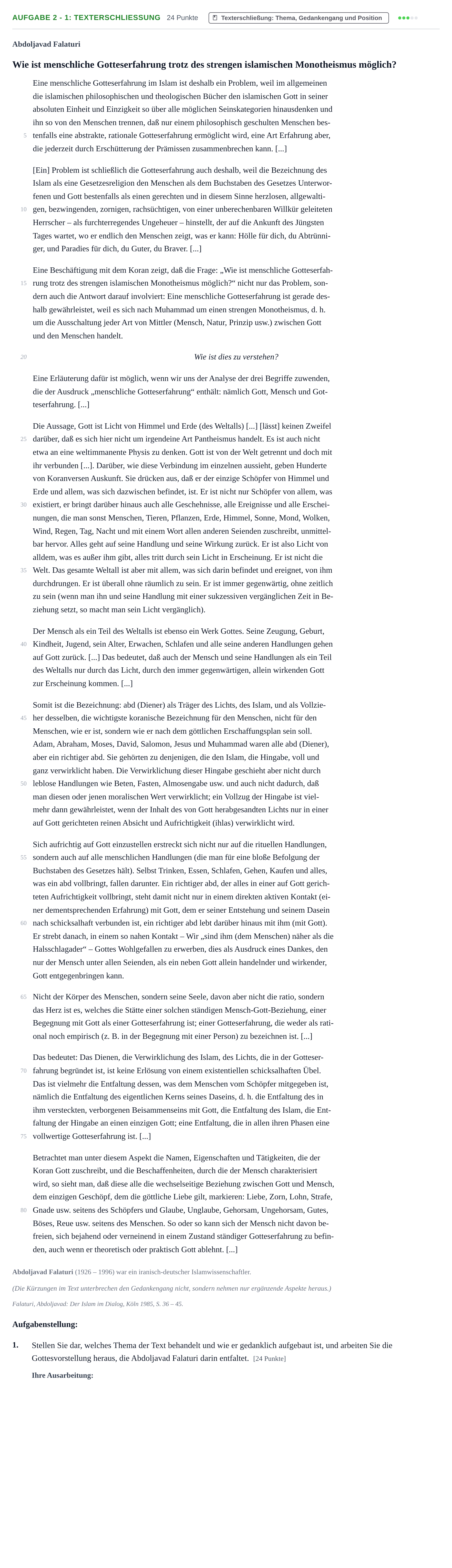 Aufgabenstellung: Aufgabe 2 - 1: Texterschließung · Abitur NRW Islamischer Religionsunterricht GK · Haupttermin 2023