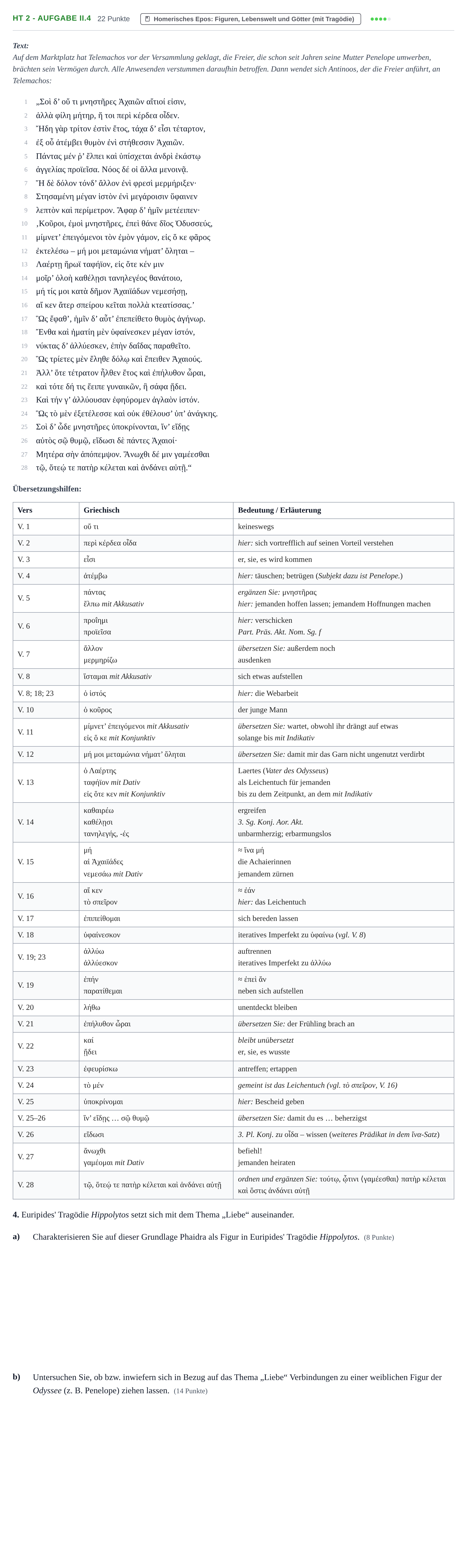 Aufgabenstellung: Aufgabe HT 2 - Aufgabe II.4 · Abitur NRW Griechisch LK · Haupttermin · fortgeführt 2023