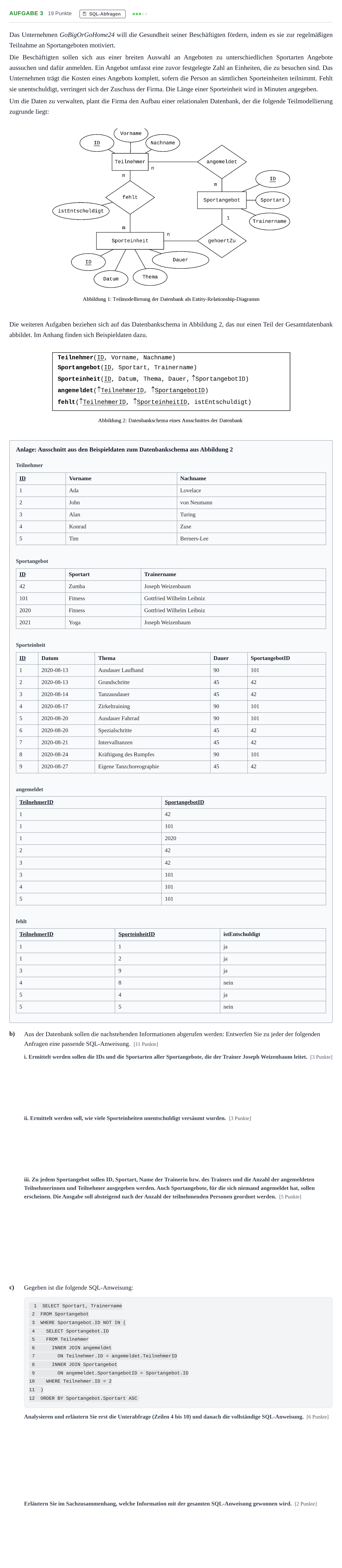 Aufgabenstellung: Aufgabe 3 - SQL-Abfragen · Abitur NRW Informatik GK · Nachtermin 2021