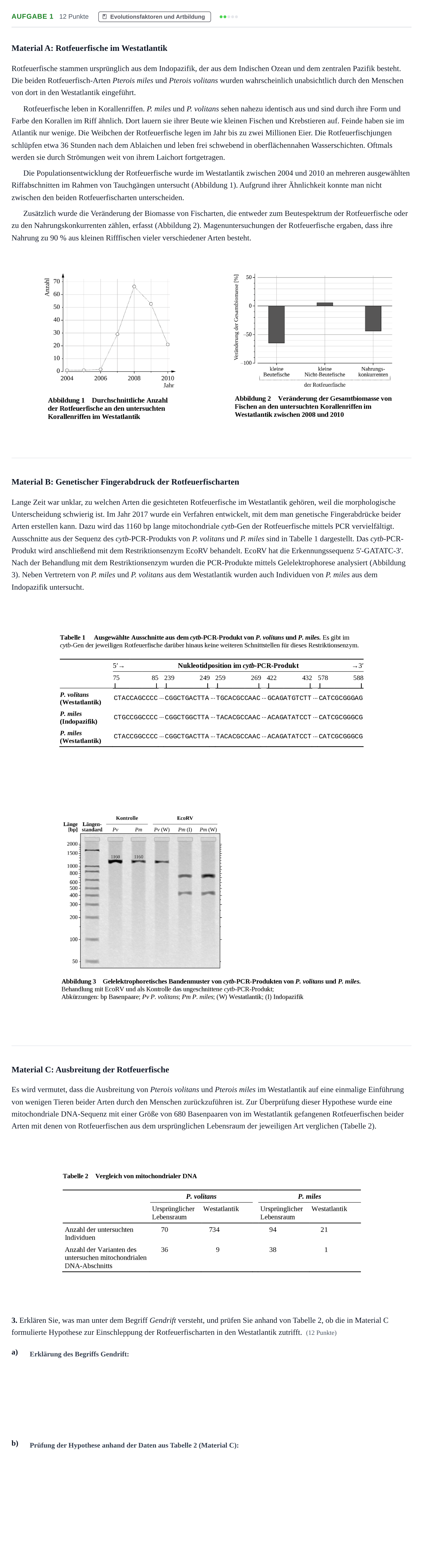 Aufgabenstellung: Aufgabe 1 - Evolutionsfaktoren · Abitur NRW Biologie GK · Haupttermin · Weiterbildungskolleg 2021