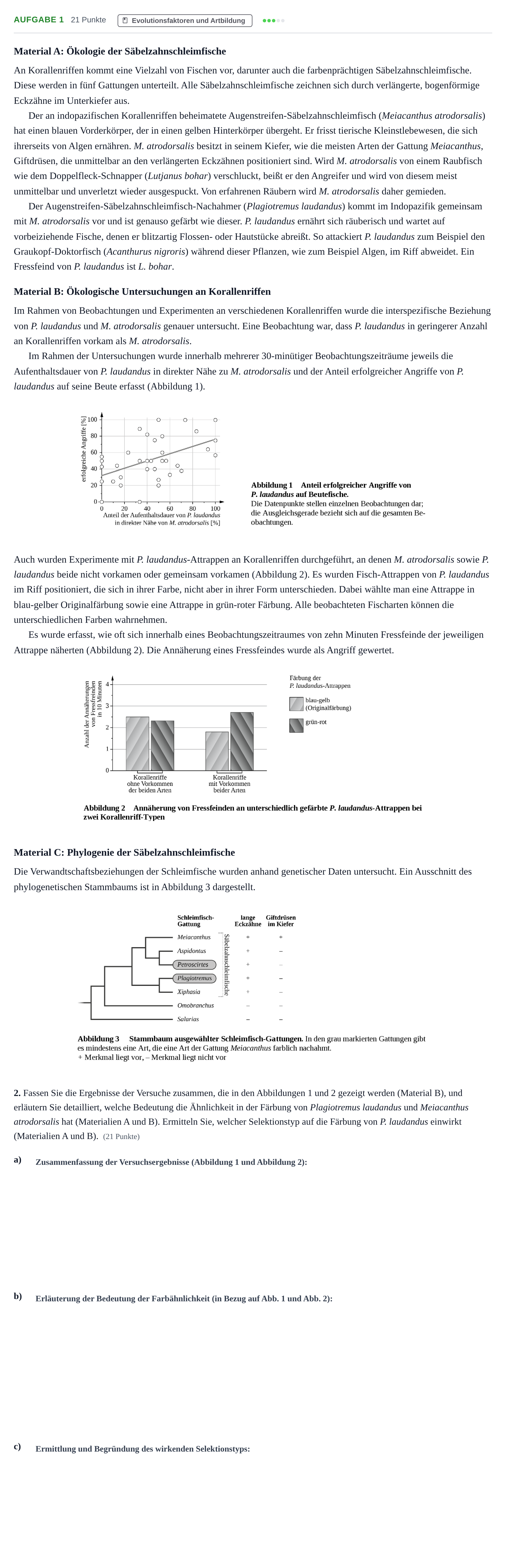 Aufgabenstellung: Aufgabe 1 - Evolutionsfaktoren und Artbildung · Abitur NRW Biologie GK · Nachtermin 2021