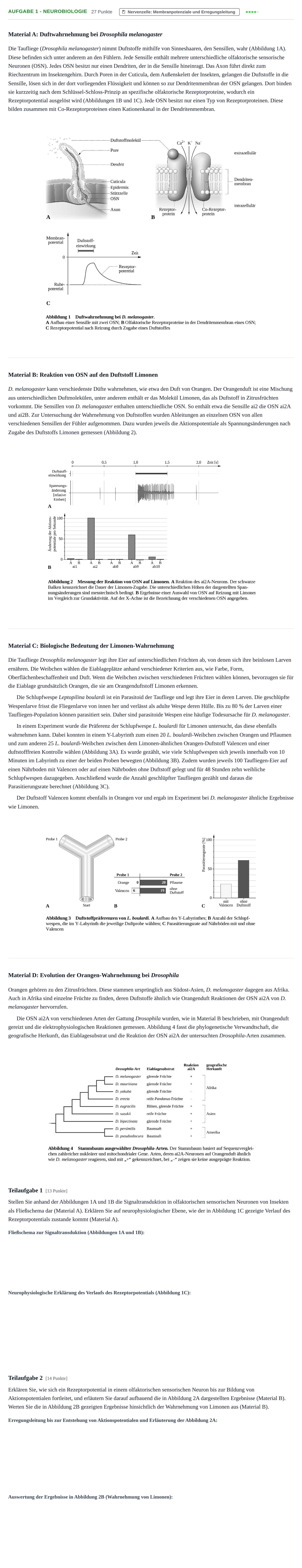 Aufgabenstellung: Aufgabe 1 - Neurobiologie · Abitur NRW Biologie LK · Haupttermin · Weiterbildungskolleg 2021