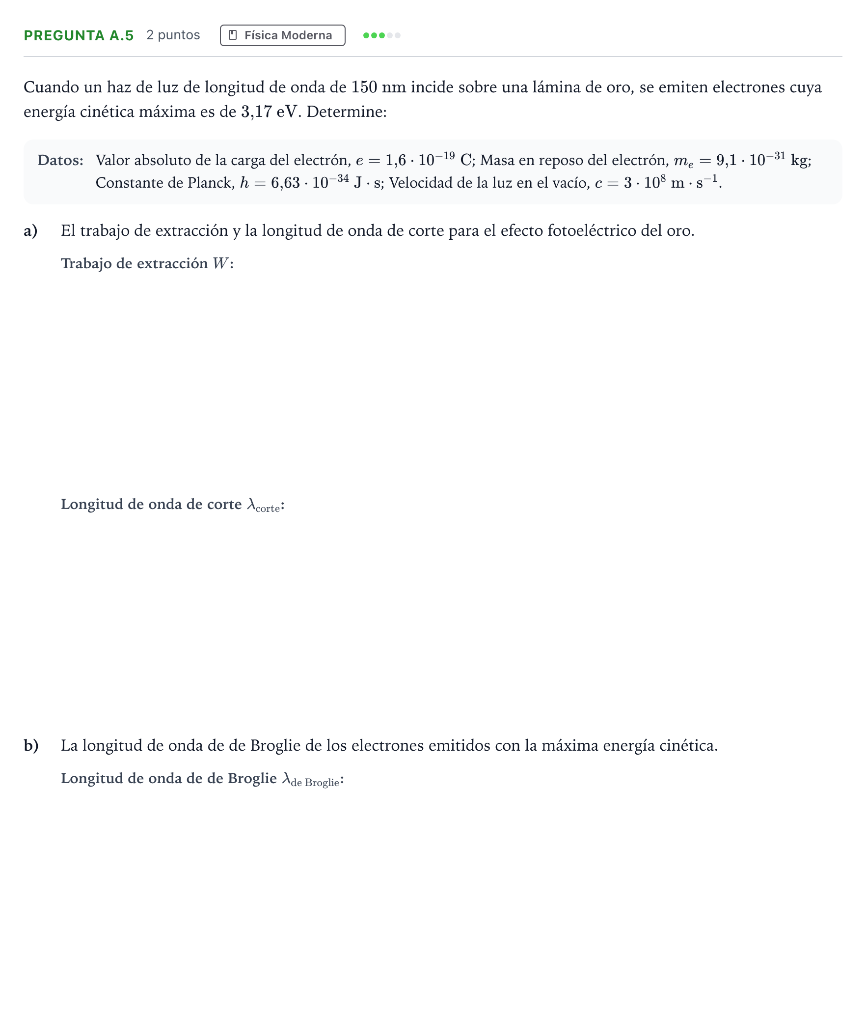 Enunciado: Pregunta A.5 · Física PAU Madrid Modelo 2021