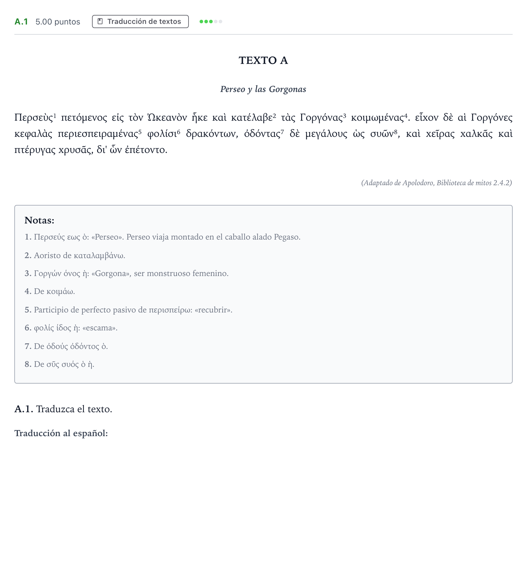 Enunciado: Ejercicio A.1 · Griego II PAU Madrid Modelo 2021