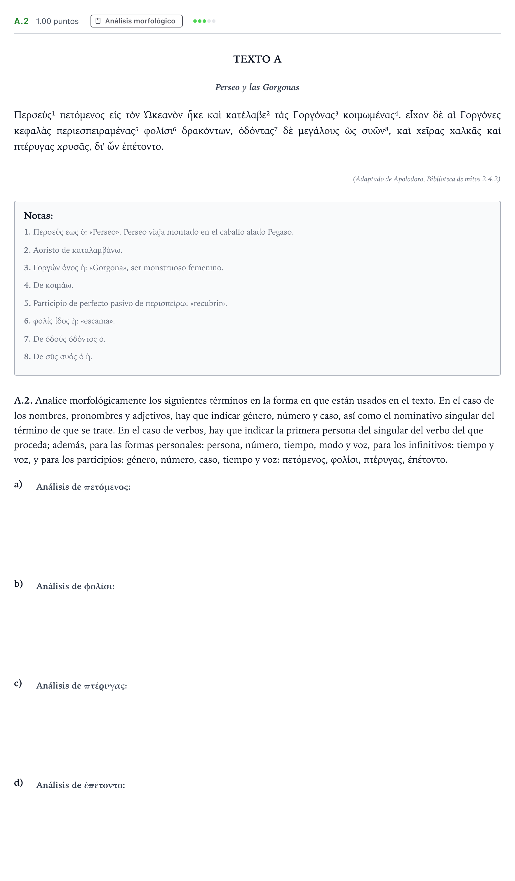 Enunciado: Ejercicio A.2 · Griego II PAU Madrid Modelo 2021