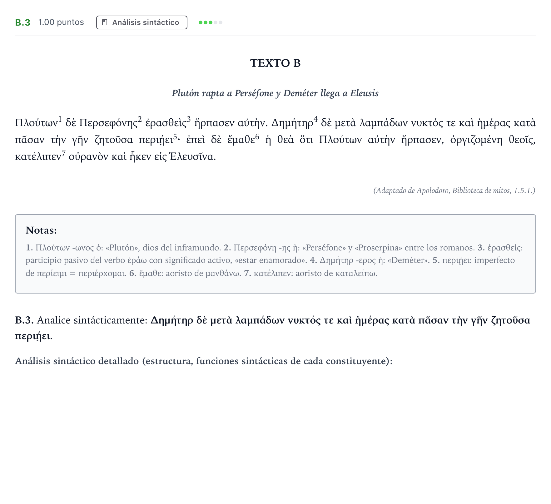Enunciado: Ejercicio B.3 · Griego II PAU Madrid Modelo 2021
