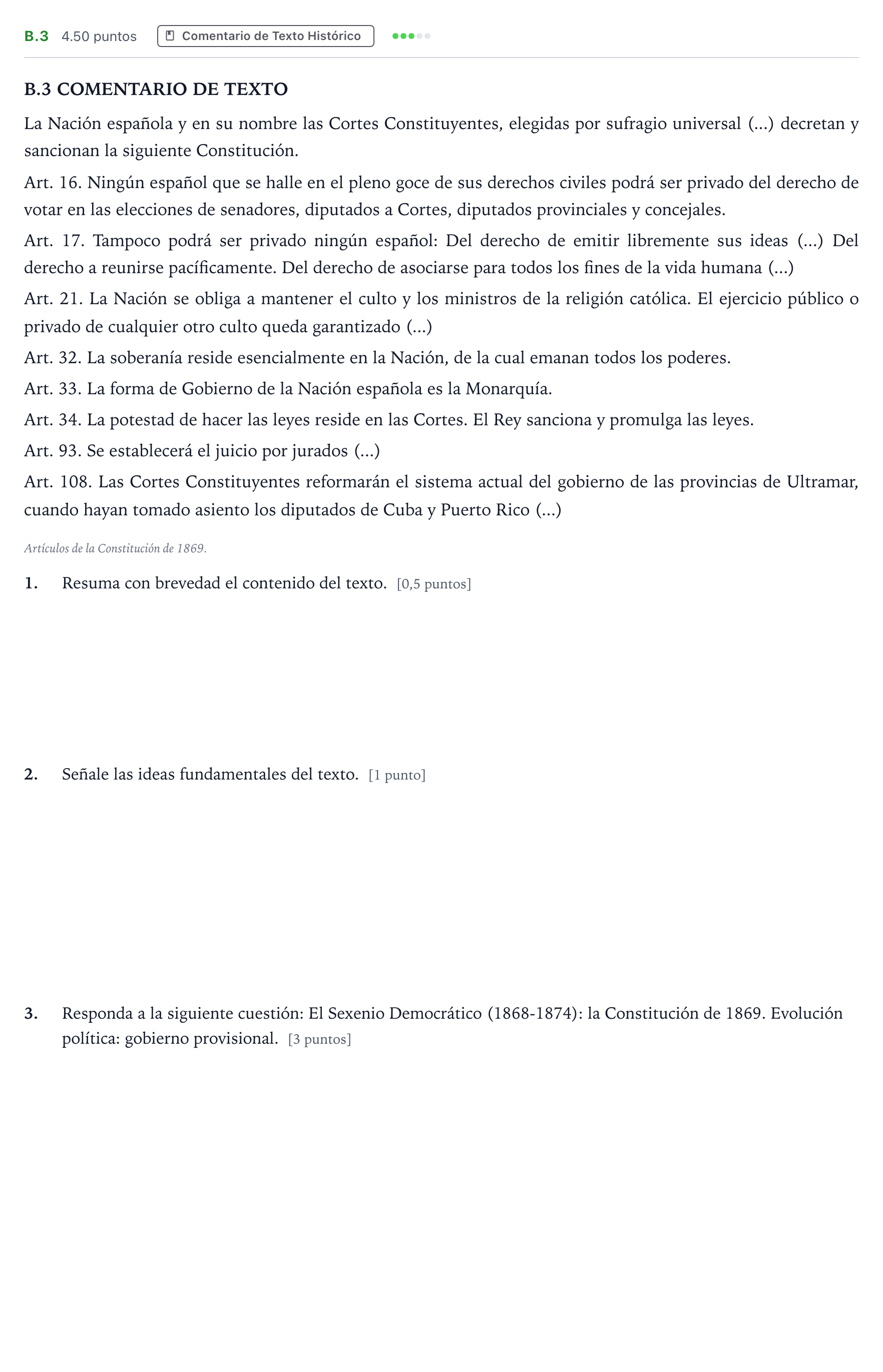 Enunciado: Ejercicio B.3 · Historia de España PAU Madrid Modelo 2021